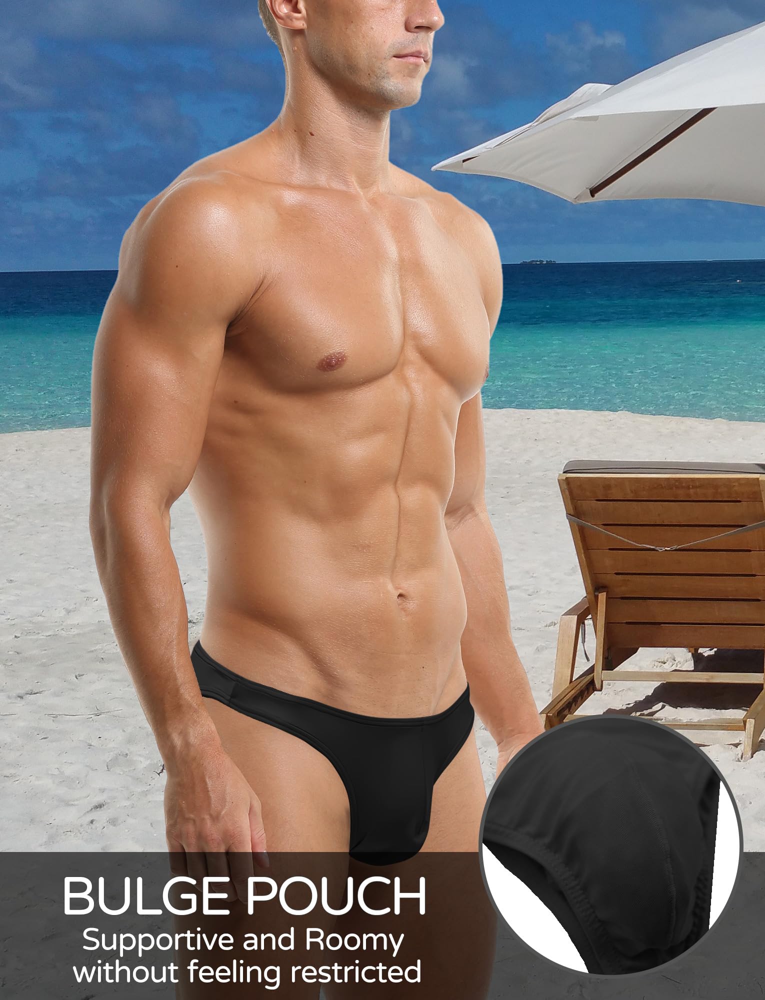 FEOYA Lot de 3 slips de bain sexy pour homme - Mini maillot de bain sexy - Noir blanc rouge - Pour l'été - Pour la plage et la piscine
