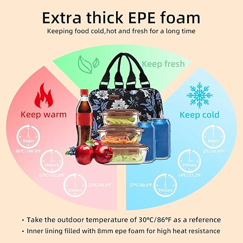 Miniatura 3 de PBRO Lonchera térmica para mujeres, bolsa de almuerzo reutilizable de amplia apertura con cinturón de hombro ajustable, bonito bordado floral,