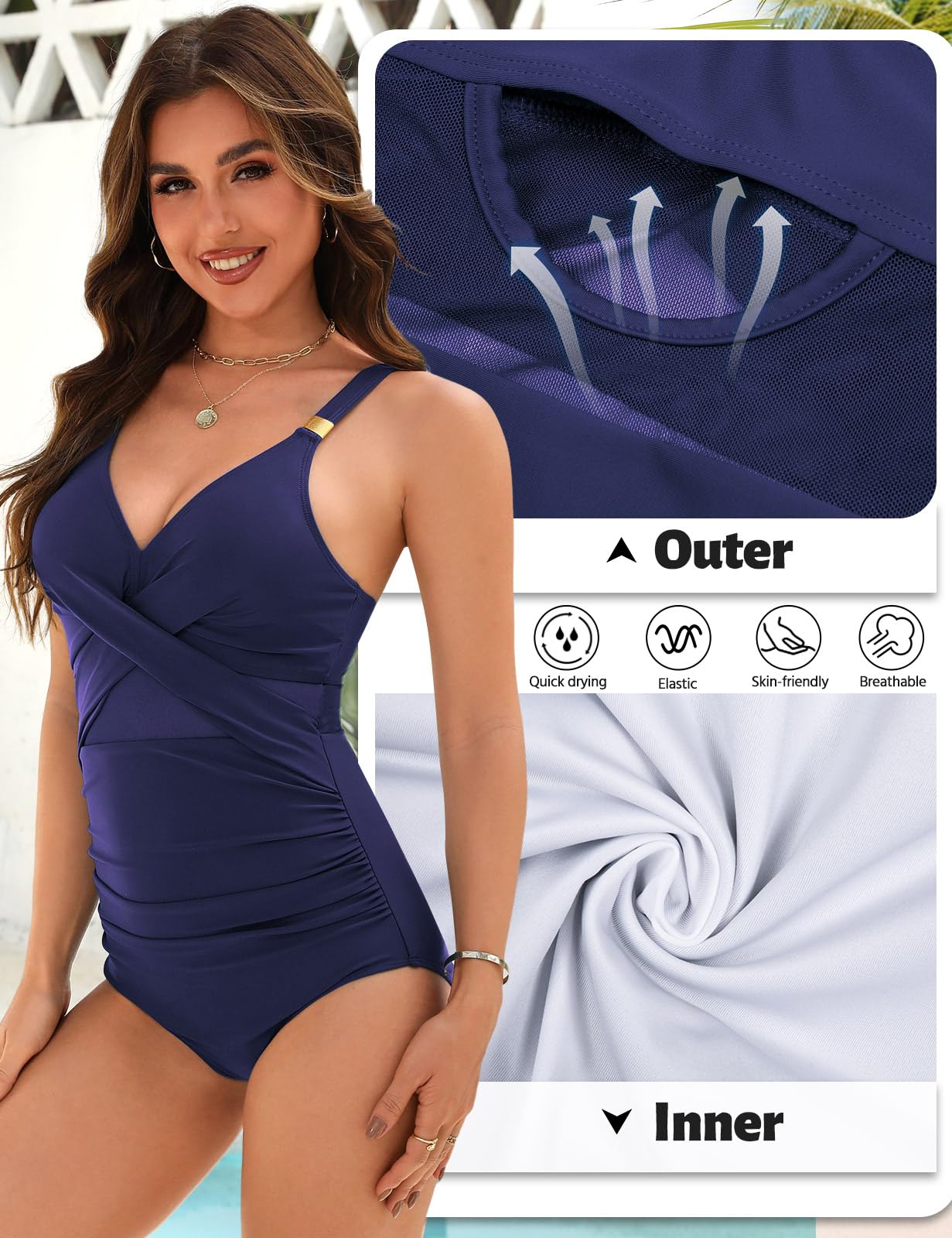 Bañador Mujer Una Pieza Reductor de Vientre Plano Traje de Baño con Fruncido Sexy Cuello en V Talla Grande Ropa de Baño para Verano