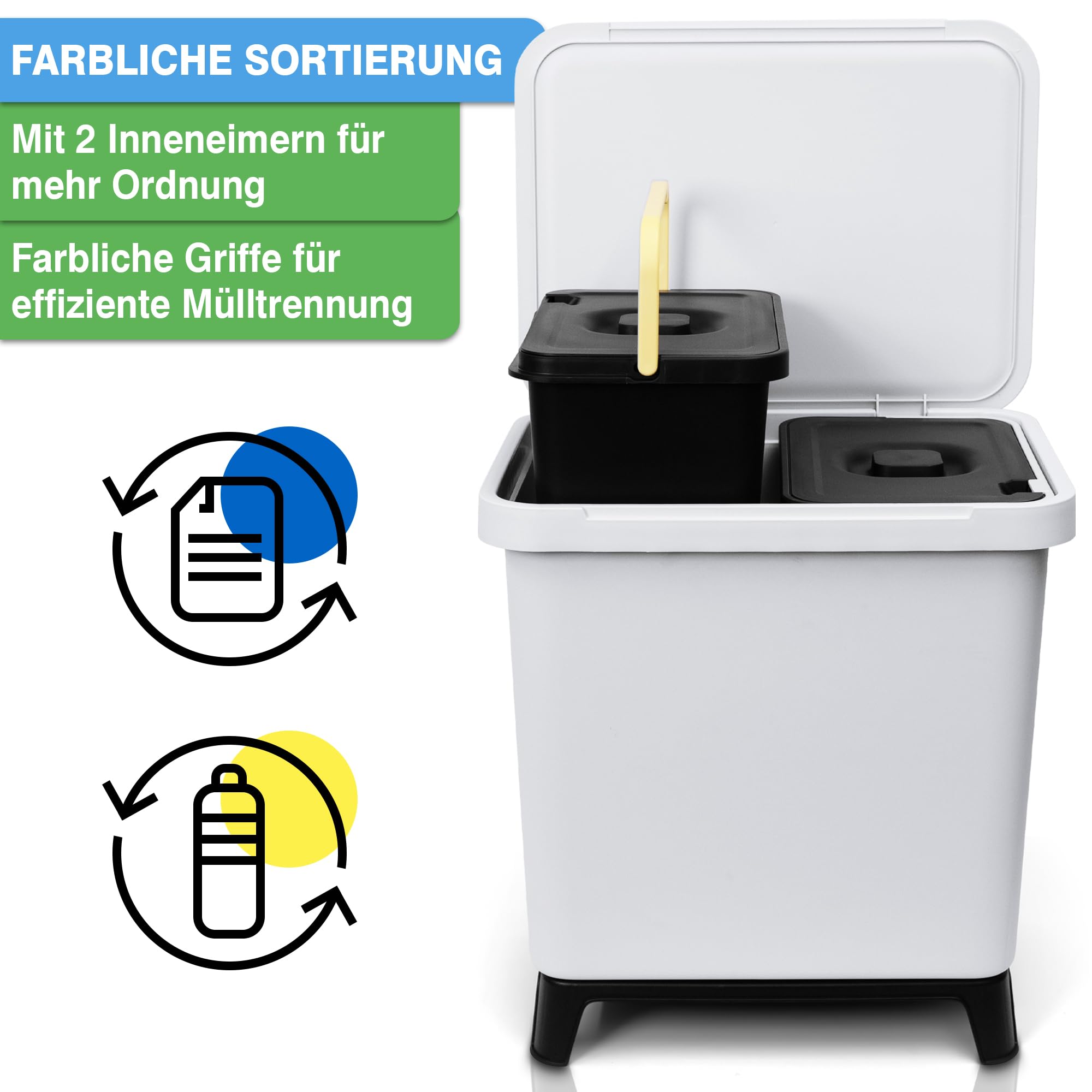 YourCasa Mülleimer Küche 2 Fächer [20L] im exklusiven Design - Mülltrennsystem mit Deckel und Fuß - Abfalleimer groß mit 2x10L herausnehmbaren Eimern Küchenabfalleimer recycling (Hellgrau, 20 Liter)