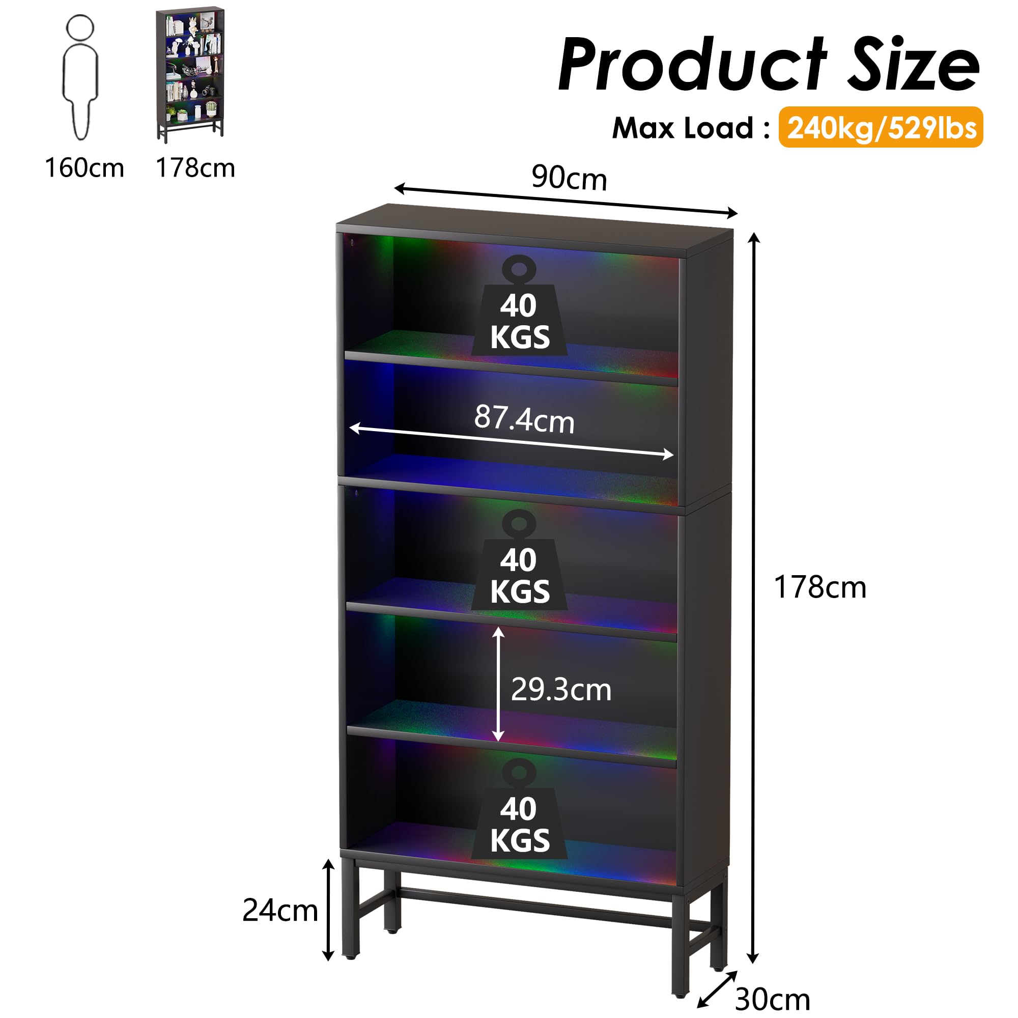 Vetrinetta Espositiva Mobile vetrina con illuminazione a LED Armadio da Collezione a 5 Strati Moderna Mobile Vetrina Vetrina Soggiorno per Statuette, Salotto, Bar,Camera da letto e Ufficio 90*30*178CM