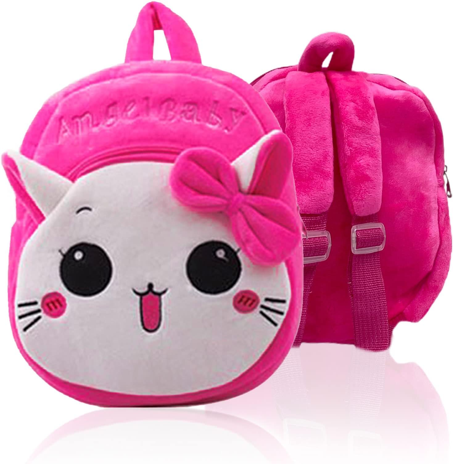 Toddler Backpack for Girls, Cute Cat Children's Backpack with Bow, Pink Soft Plush Kids Mini School Bag, Animal Cartoon Nursery Preschool Rucksack Baby Girl Gifts for 1-2 Years Old