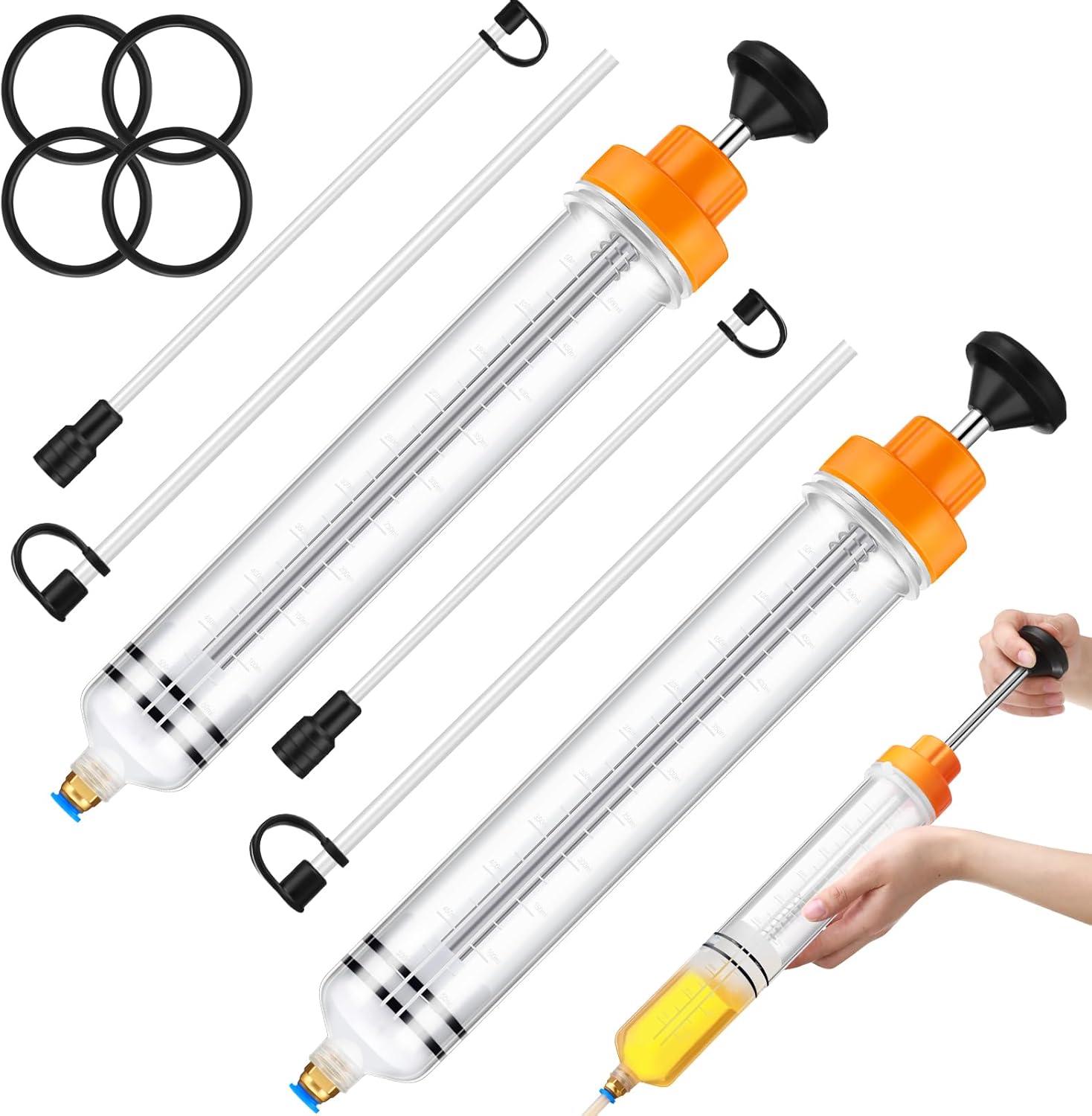 Lothee 2 Pack 500cc Automotive Fluid Extractor Pump Oil Extractor Hand Syringe Pump with Hose Manual Suction Vacuum Fuel Car Transfer for Power Steering, Hydraulic Fluid(Orange)