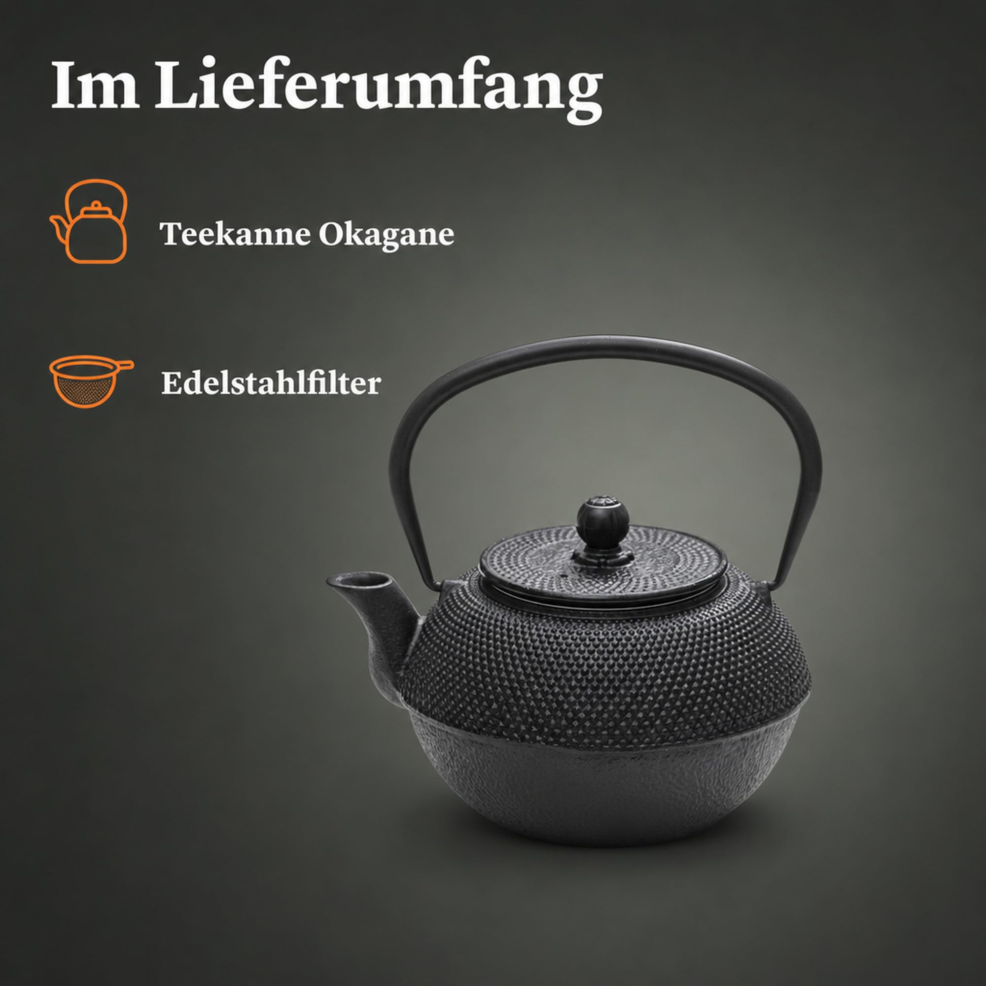 Torquato Teekanne Gusseisen Okagane 1,2 l, handgefertigt | emaillierte Innenseite, integrierter Edelstahlfilter, mattschwarz lackiert, Wärmespeicher