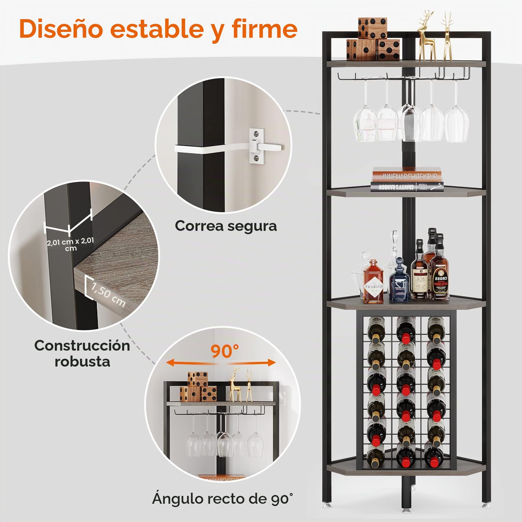 Tribesigns Botellero Vino con Soporte para 18 Botellas, Organizador de Almacenamiento de Vino con Soporte de Copas de Vino, Soporte para Botellero de Esquina 40 x 40 x 160cm para Salón, Cocina (Gris)