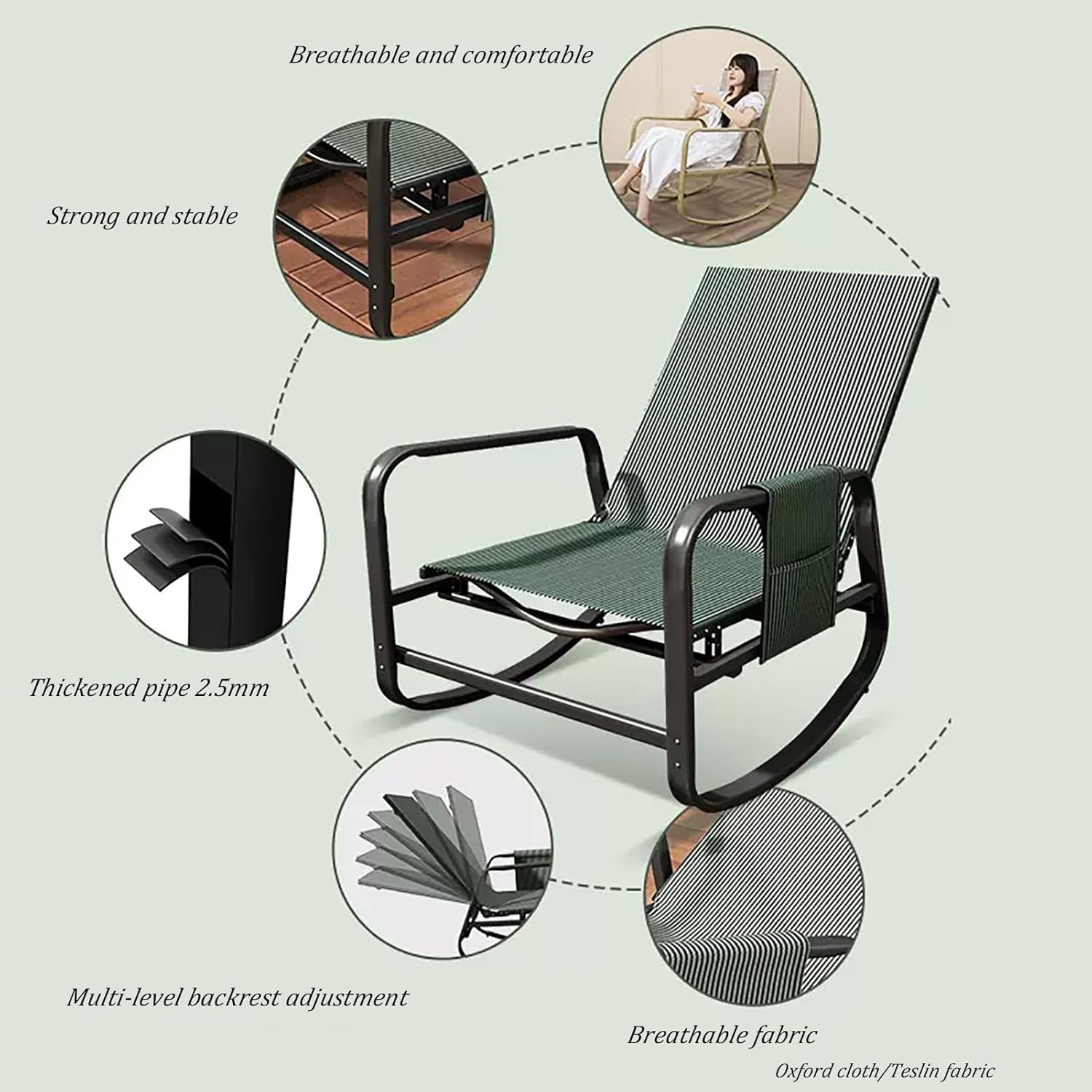 Rocking Chair with Backrest, Breathable Rocker Chair, Relax Armchair with Side Pocket, Modern Leisure Chair, Easy to Assemble, Load Capacity 225kg, for Outdoor Indoor (Color : Green)