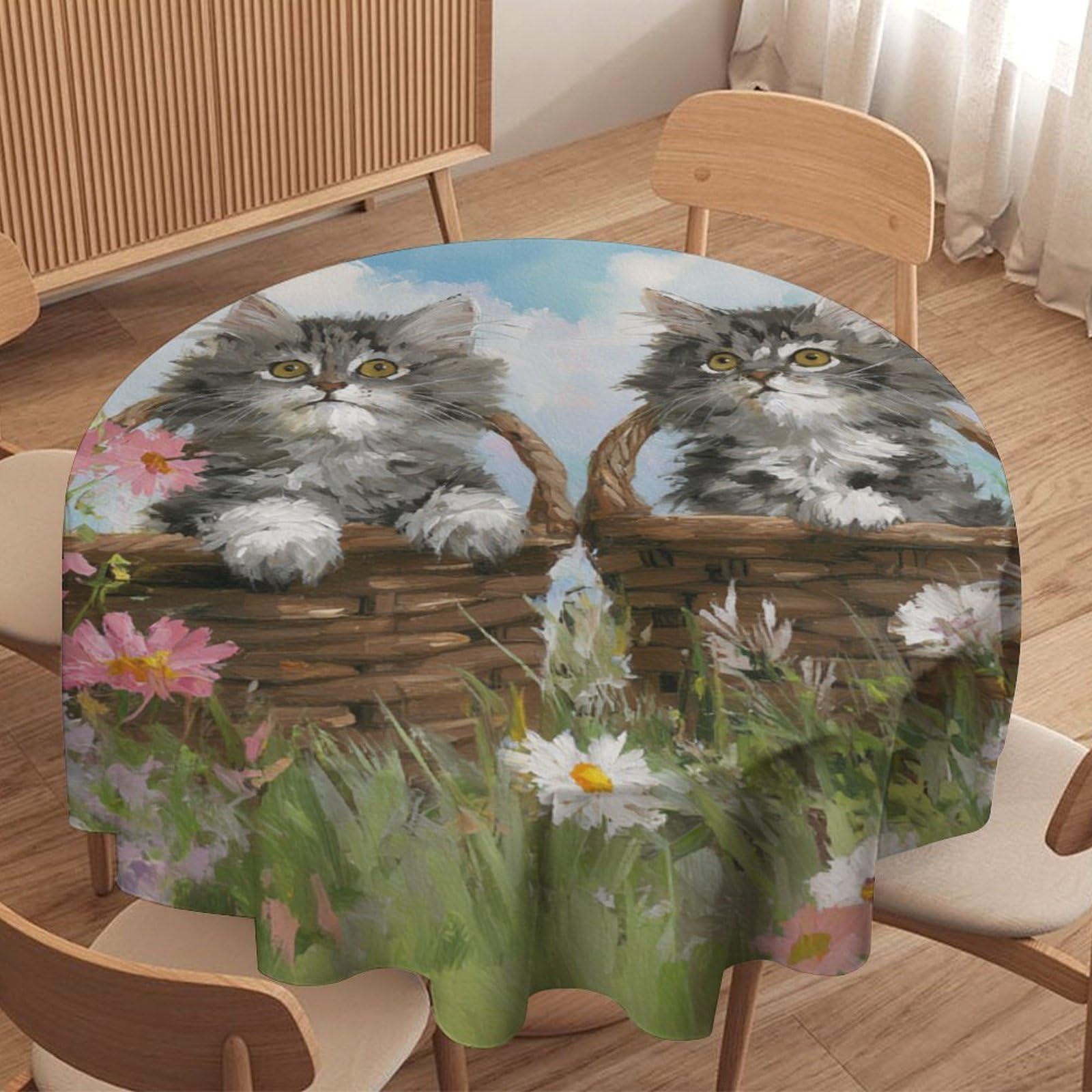 LUYYSKY Cute Realistic Kittens Waterproof Round Tablecloth Rustic Aesthetic Spring Garden Daisies Floral Animals Cats Pattern Washable Table Cover for Kitchen-36 Wx36 L