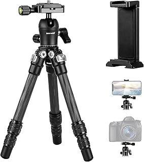 NEEWER 15.7"/40cm Carbon Fiber Camera Tripod with Phone Holder, Leg Spikes & 360° Panoramic Ball Head, Lightweight and Compact Vlogging Travel Tripod Desktop Stand for Mirrorless Camera and Smartphone