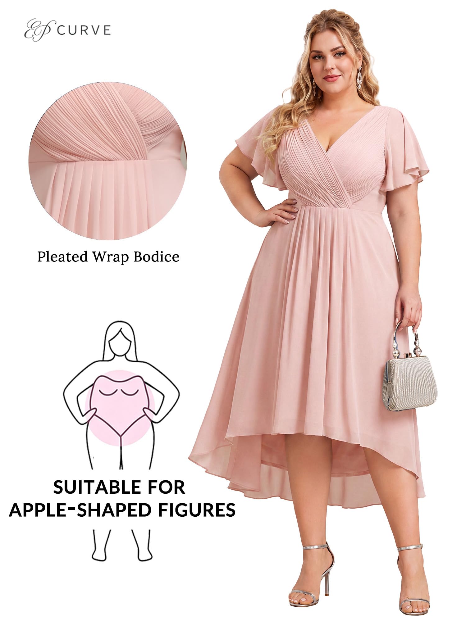 Ever-Pretty Donna Una Linea Increspato Scollo A V Maniche Corte Al Ginocchio Plus Size Wedding Guest Dress 01923-DA, Rosa, 58
