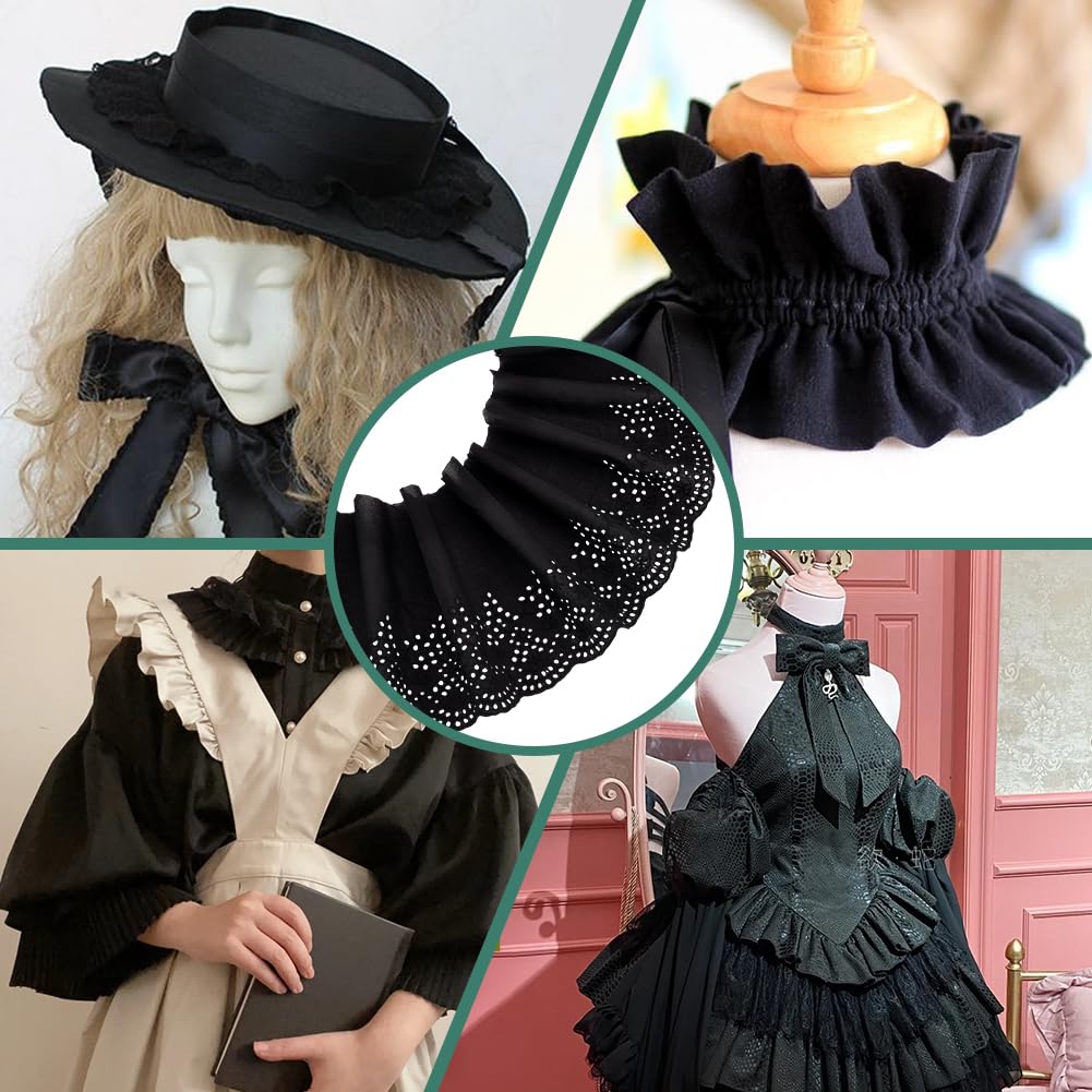 MAYJOYDIY 4,6 m × 20,5 cm, ribete de encaje de algodón con ojales, borde ondulado, borde negro, cinta de encaje floral con volantes florales para coser vestidos, ropa, bolsos, regalo