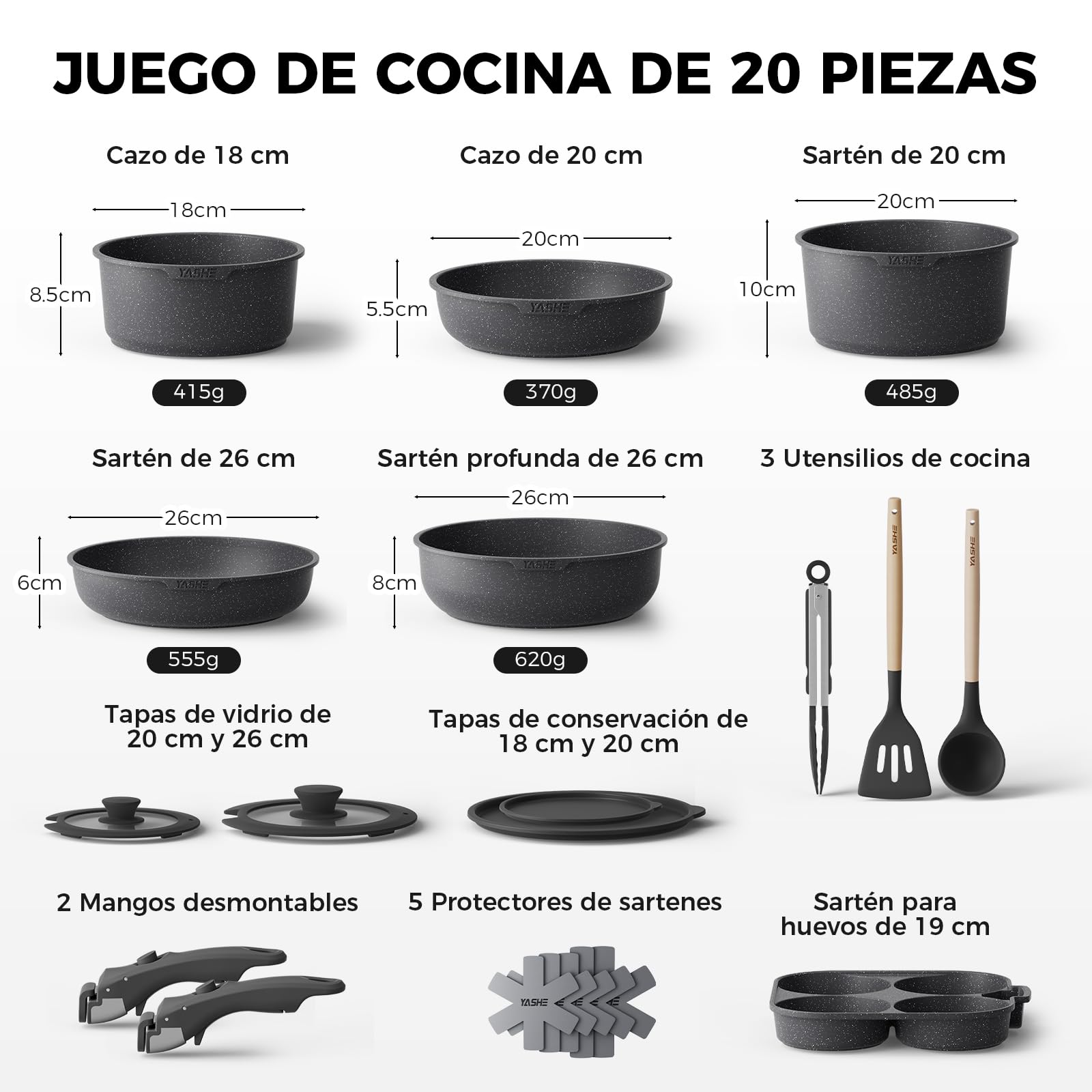YASHE Batería de cocina antiadherente de 20 piezas – Juego de ollas y sartenes con asas extraíbles, compatible con lavavajillas, apilable, ideal para familias,Gris