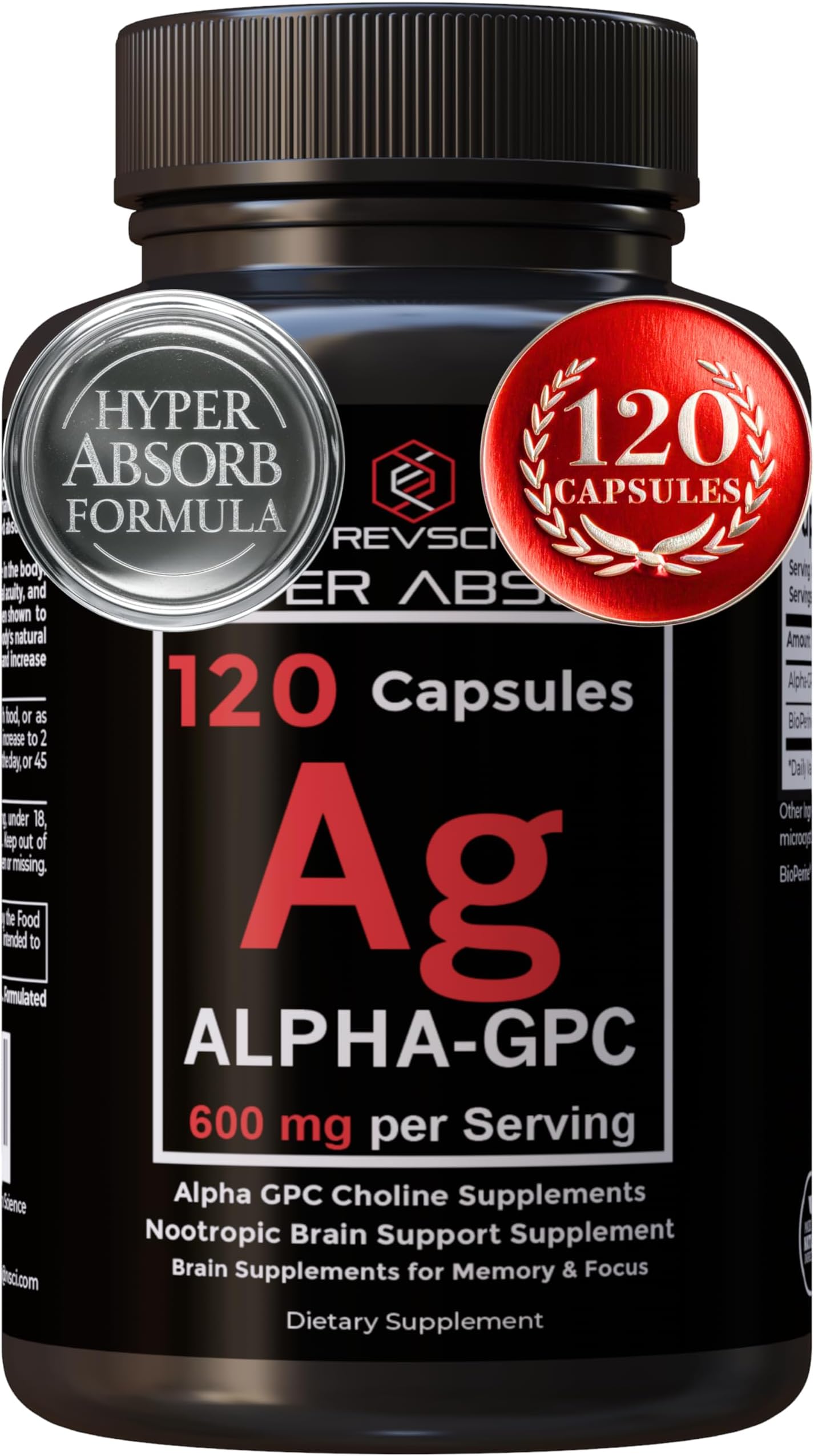 Alpha GPC Supplement & BioPerine for Hyper Absorption - 120 Count, Alpha-GPC 600mg per Serving - Nootropics for Memory, Focus, Energy, & Drive - Choline Supplements to Boost Acetylcholine, Made in USA