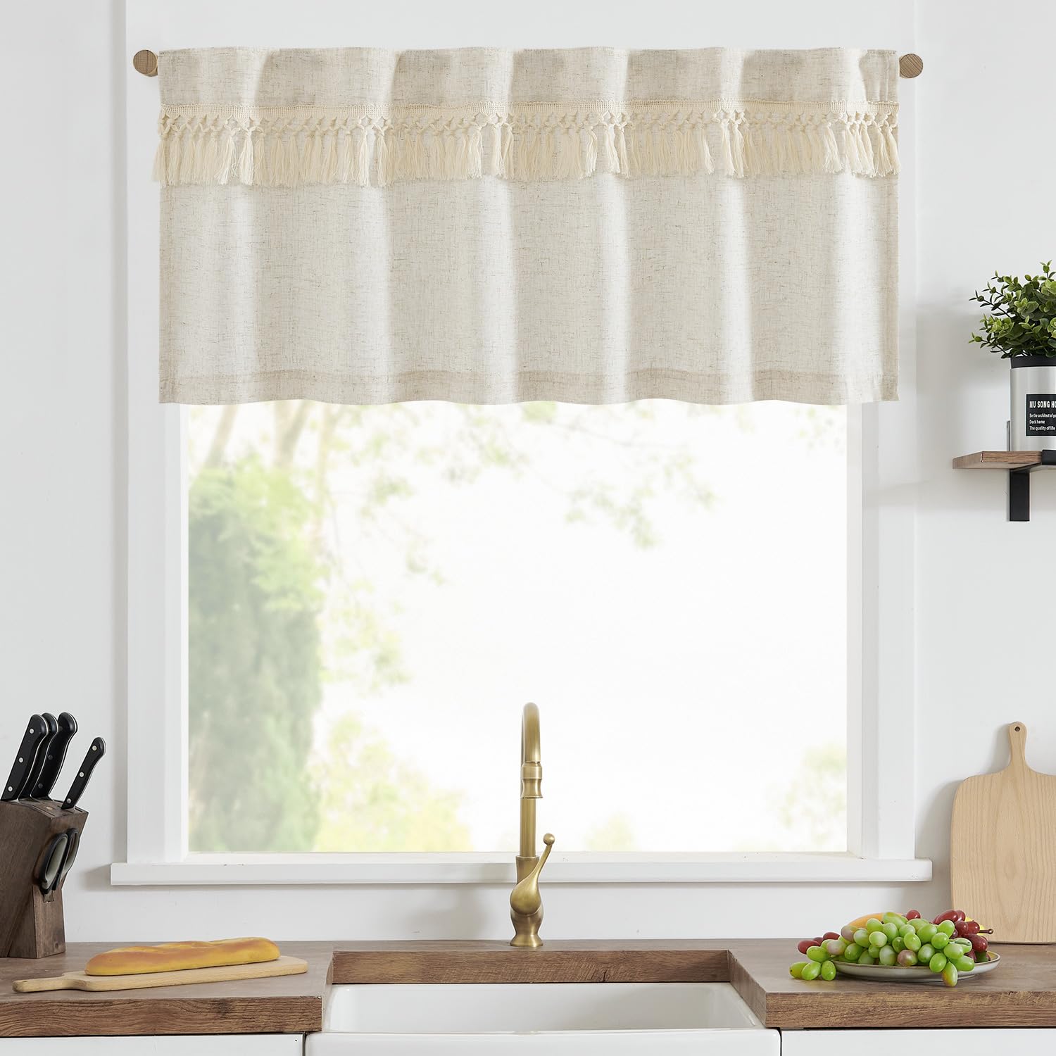 Vangao Scheibengardinen mit Quaste Bistrogardine 1er Set 127Bx46Hcm, Beige | Leinenoptik Gardinen Kurz Landhausstil mit Stangendurchzug, Kurzstores Lichtdurchlässig für Wohnzimmer Wohnwagen Fenster