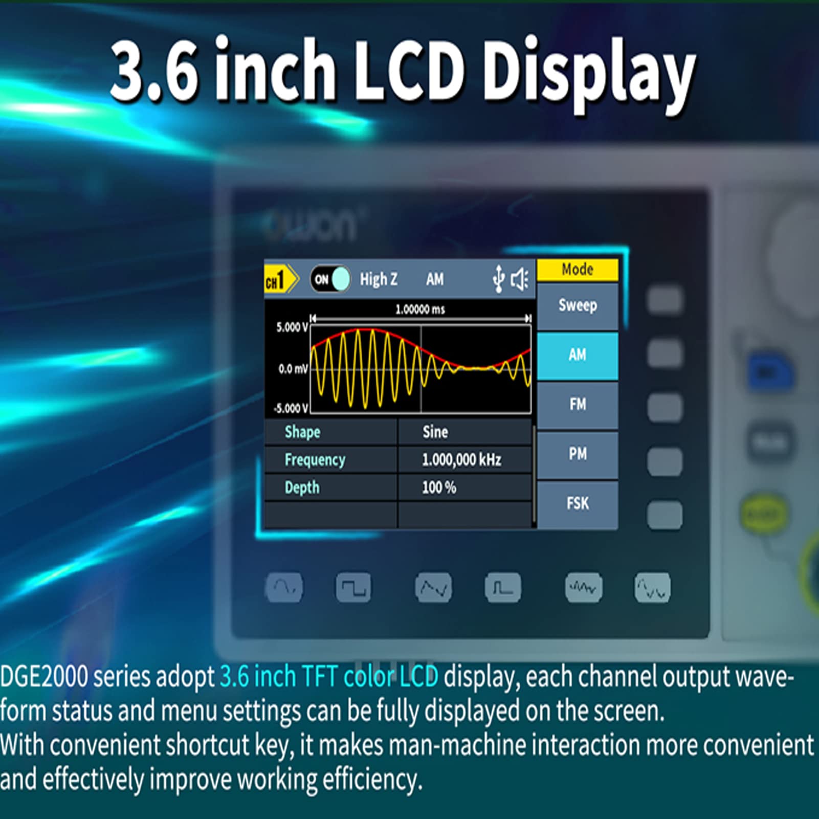 OWON DGE2070 Arbitrary Waveform Generator AWG 14bit vertikale Auflösung 2CH 70MHz 300MSa/s 3,6 Zoll LCD Digital Signal Generator