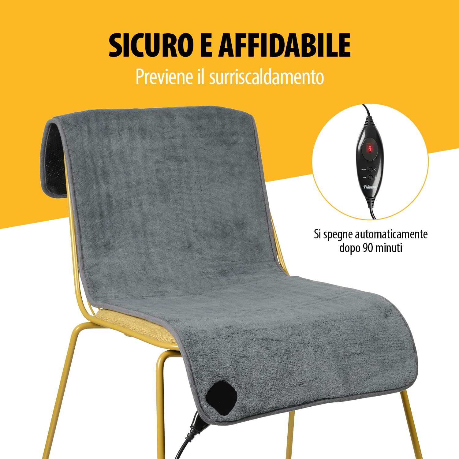 Tristar Coperta Elettrica per Sedia - 110x40 cm - 6 Livelli di Calore - Timer 90 Min - Telecomando Rimovibile - Lavabile in Lavatrice - Riscaldamento Rapido - Antiscivolo - BW-4772