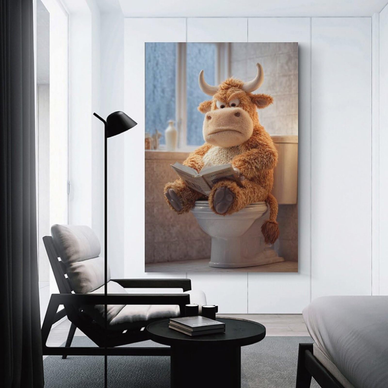 Junmoney Unframe-Style-6 Stuffed Bull Reading On Toilet Hanging Wall Art 20X30inch(50X75cm), For Small Homes, Bedrooms Or Open Spaces, An Easy Choice For New Home Styling