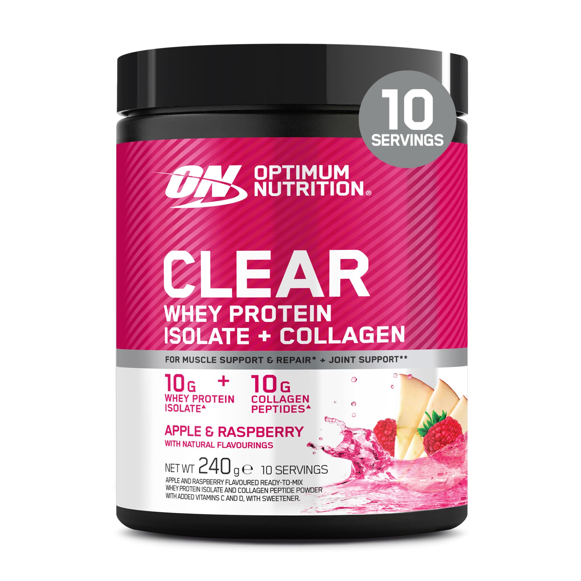 Optimum Nutrition Clear Whey + Collagen, Apple & Raspberry Flavour, 10 g Whey Isolate and 10 g Collagen per Serving, 240 g, 10 Servings