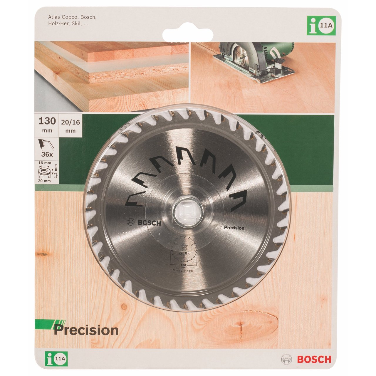Bosch 1x Lama per Sega Circolare Precison (per Legno, Ø 130 x 2.5/1.5 x 20/16 mm, 36 Denti, ATB, con 1x Anello di Riduzione 16 mm, Accessori Seghe Circolari)