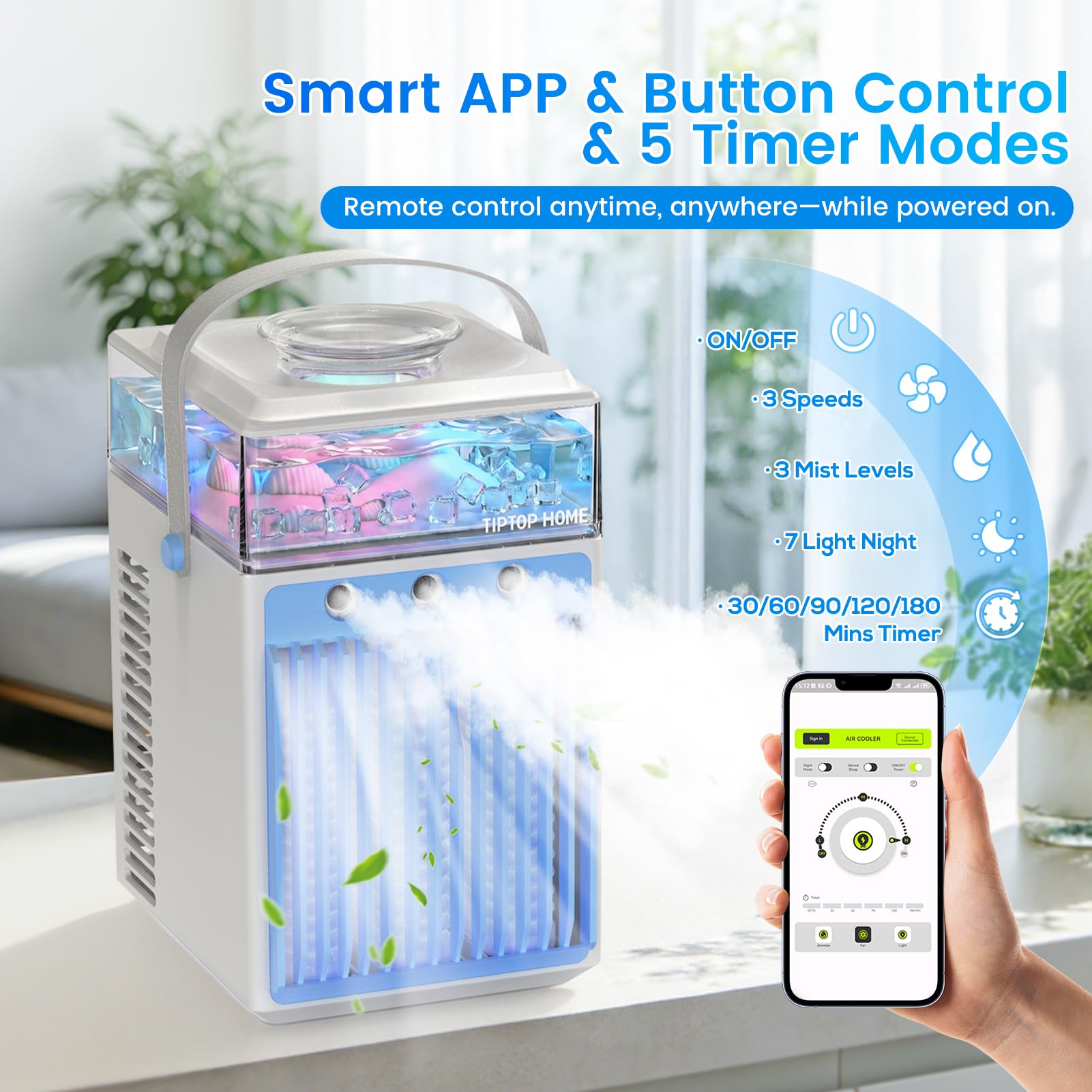 Aire Acondicionado Portátil Sin Tubo 5 en 1, Mini Aire Acondicionado Portátil, Climatizador Evaporativo con Control APP, 3 Velocidades, 3 Modos Niebla, Temporizador, Ventilador con 6 Cubiteras Hielo