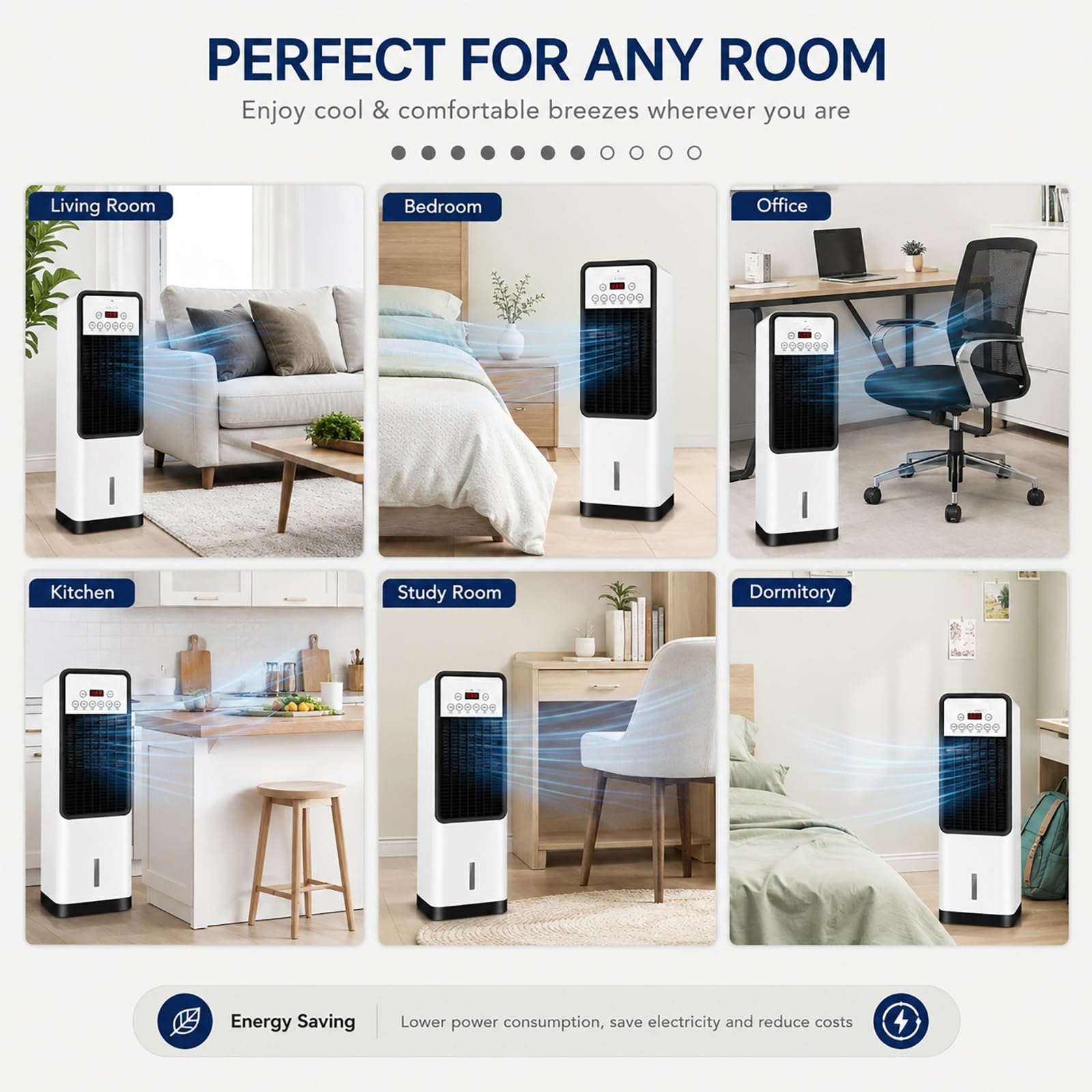 Enfriador de Aire Portátil con Packs de Hielo, 2 Niveles de Velocidad, Depósito de Agua 6L, Ventilador de Refrigeración Evaporativa para Dormitorio, Oficina, Hogar y Verano