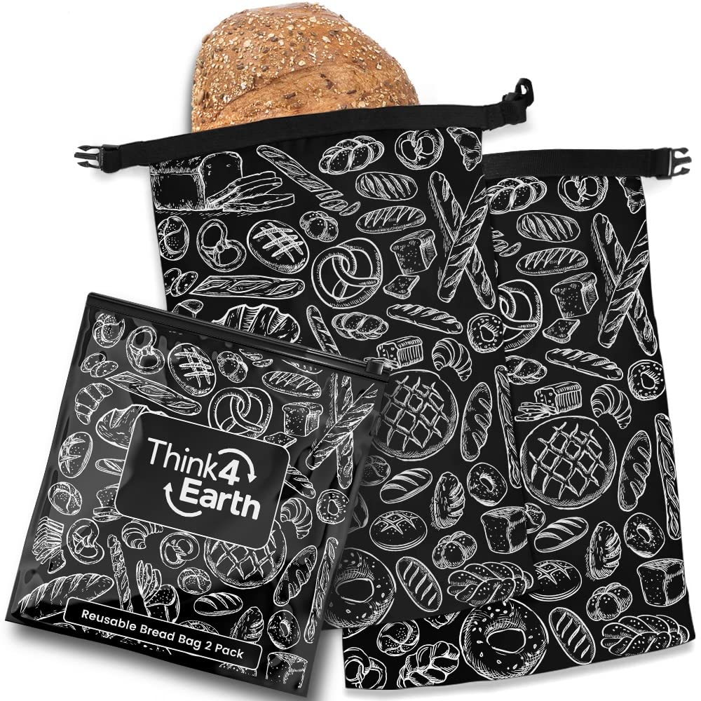 Think4earth Black - 2 Packs Bread Bags, Bread Bags For Homemade Bread Loaf, Freezer Bread Storage Bag, Bread Container, Reusable Food Storage Bag, Large Bread Bags For Homemade Bread. (Black)