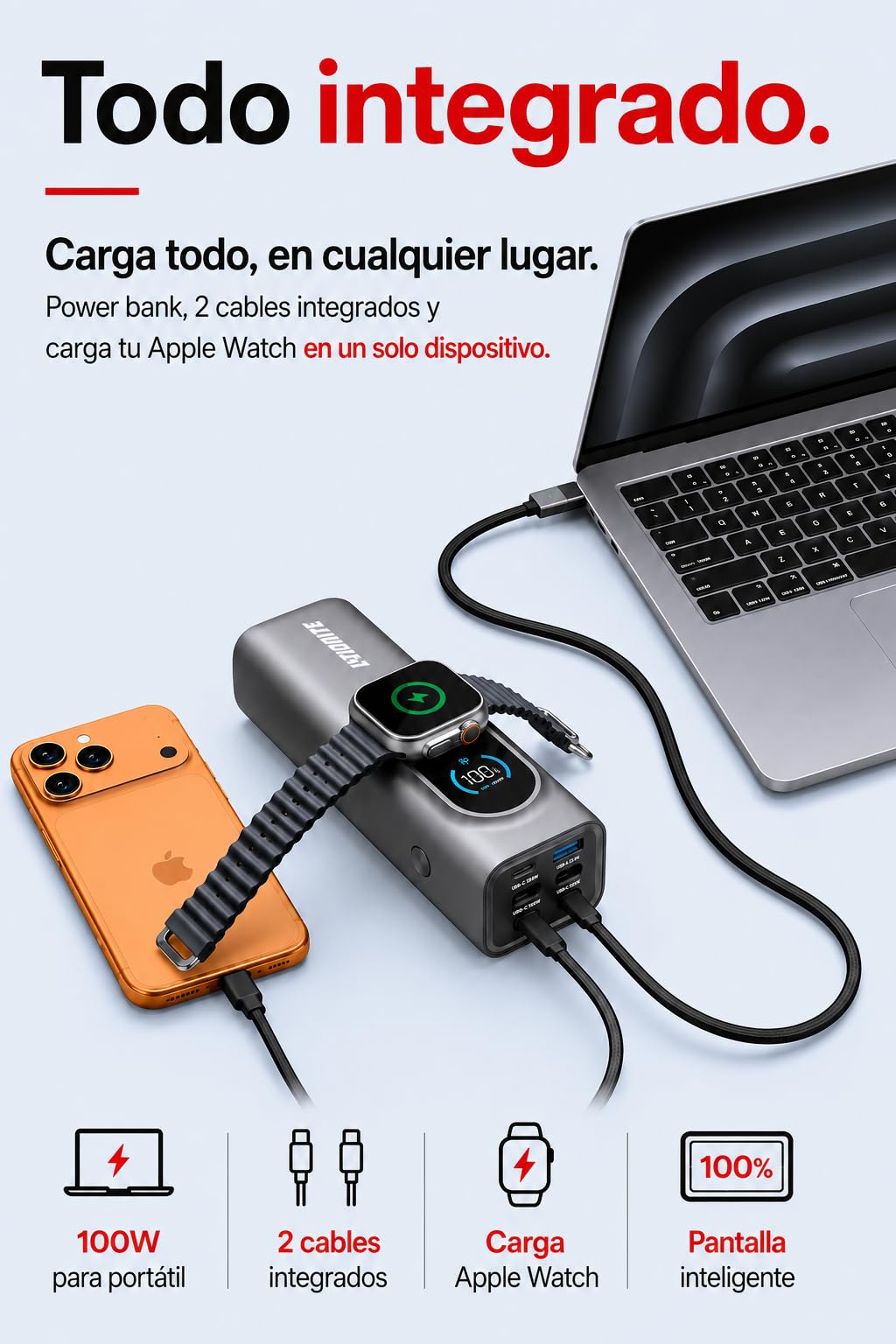 LITIONITE Numo Power Bank 25000mAh 170W con Cables USB-C Integrados (100W) y Carga magnética para Apple Watch, batería Externa para Ordenador portátil y MacBook, iPhone, iPad y Nintendo Switch