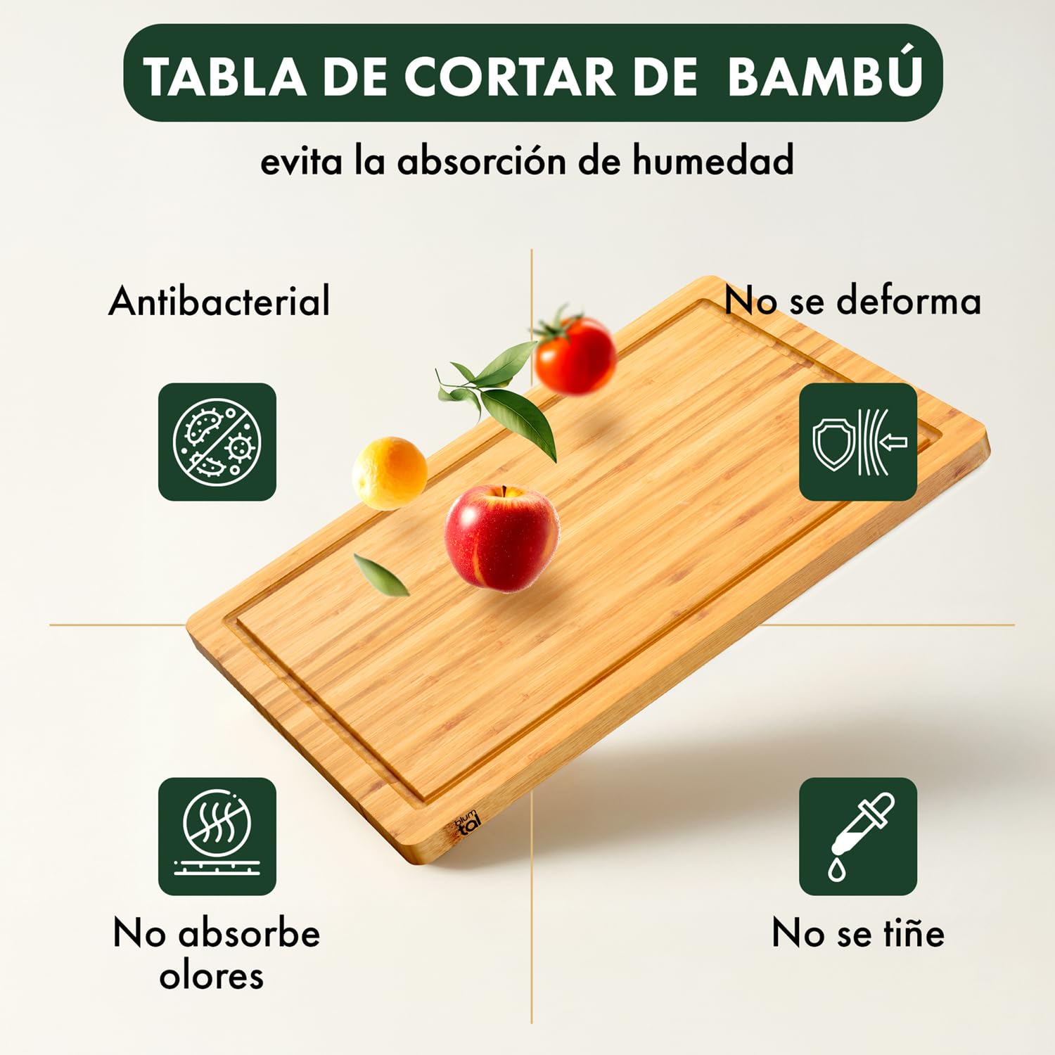 Blumtal Tabla De Cocina 100% Bambú - Tabla de Cortar de madera Resistente, Antiséptica, 43,5 x 29,5 cm