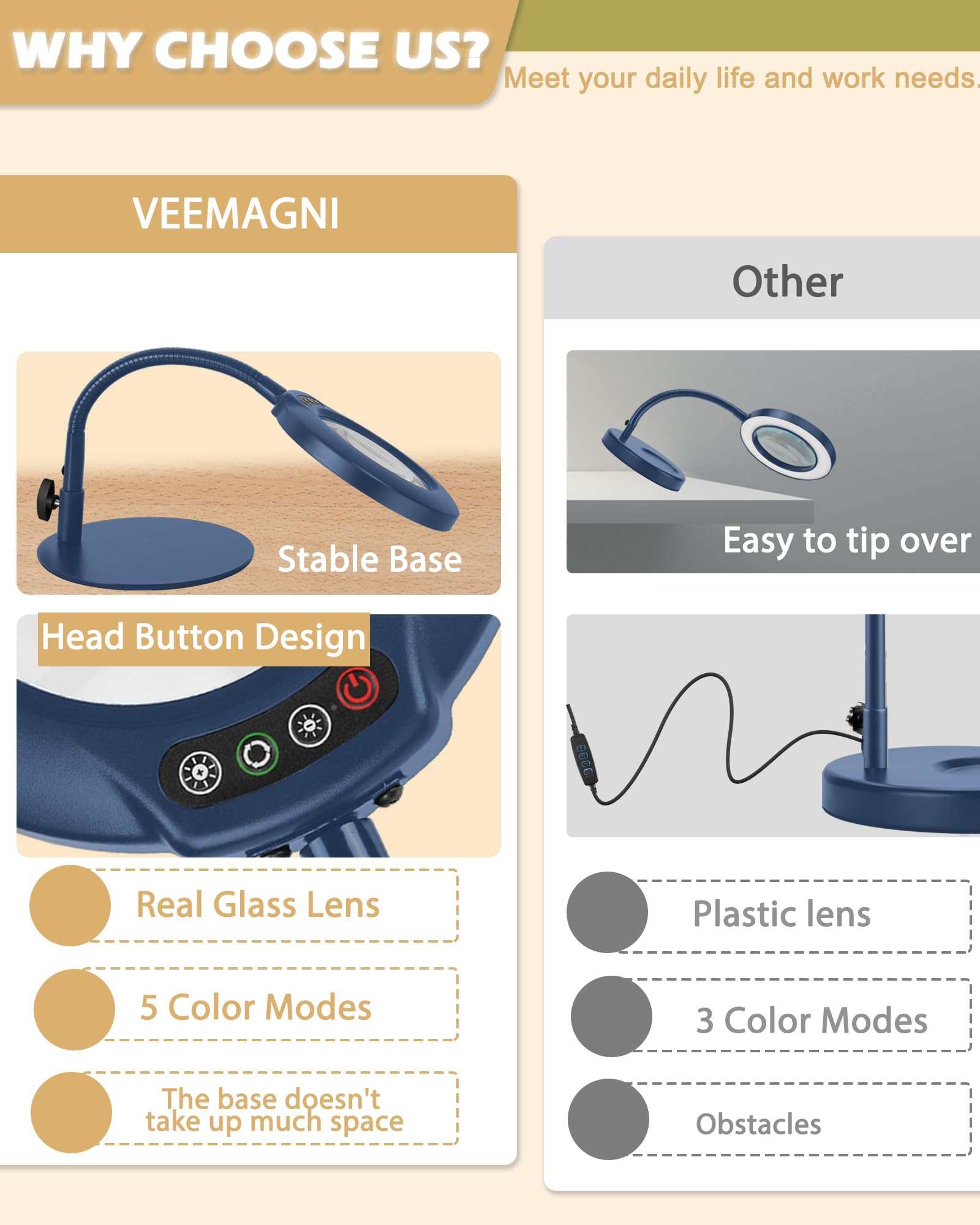 Veemagni 10X Magnifying Glass with Light and Stand, 5 Color Modes Stepless Dimmable LED Lighted Desk Lamp, Hands Free Flexible Gooseneck Magnifier with Light for Craft Hobby Painting Close Work, Blue - Image 4