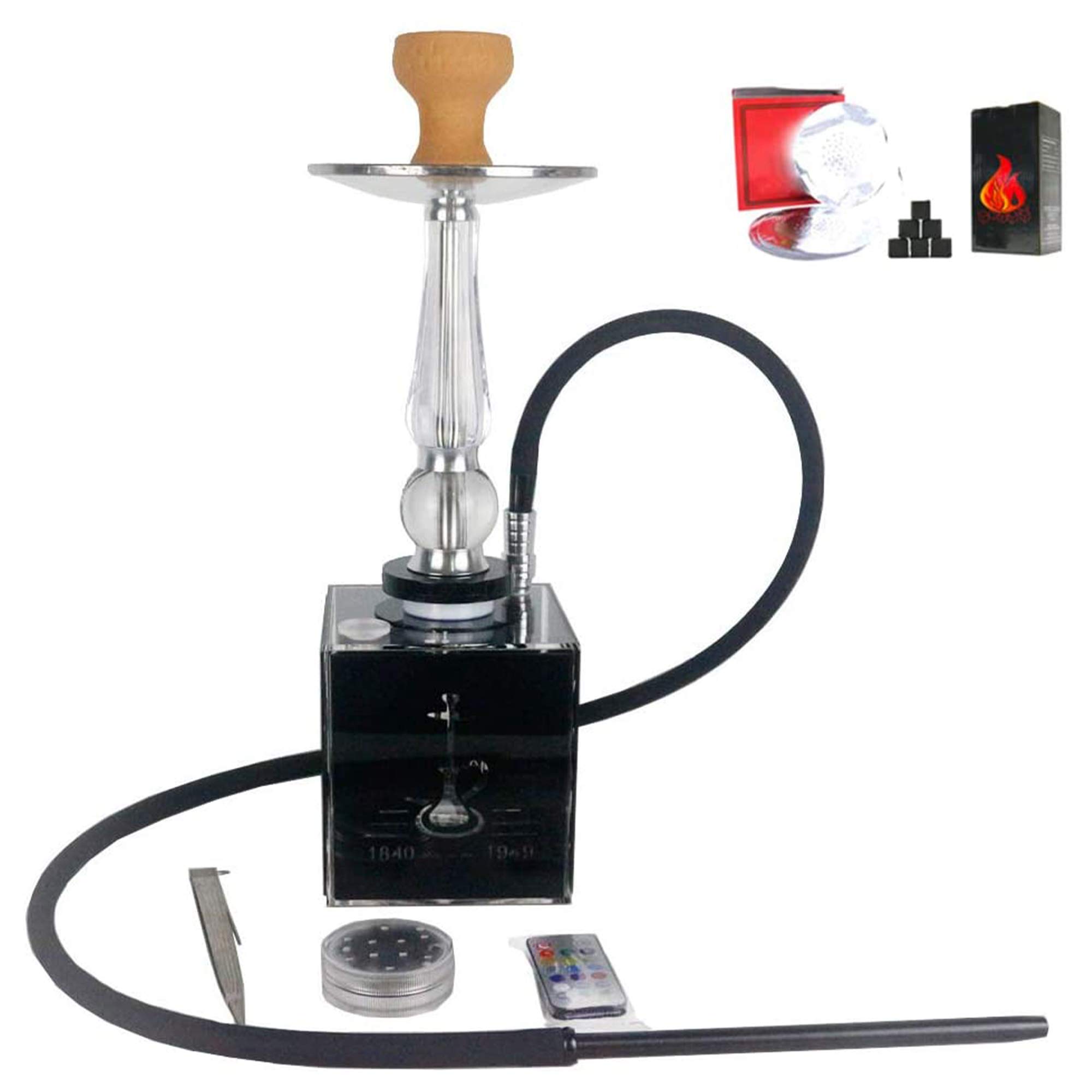 Juego Narguile Luz LED Lujo 20" Narguile Moderno Forma Cubo Acrílico con Cuenco Arcilla Manguera Silicona Pinzas para Carbón Mejor Fumar Narguile