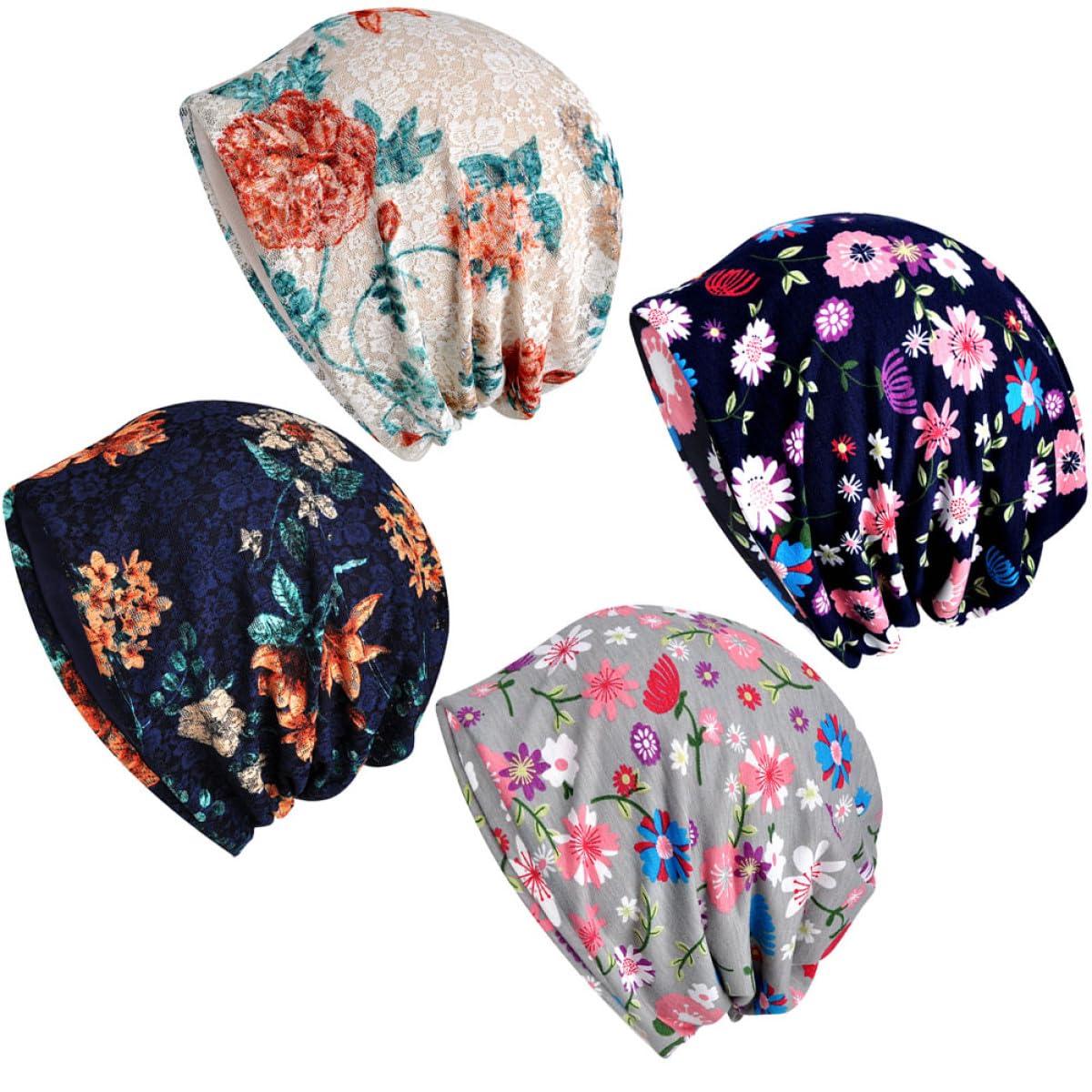 BESPORTBLE Set 4 Pezzi Cappelli da Notte Donna in Cotone Design Pizzo Floreale Traforato, Leggeri, Traspiranti e Flessibili per Dormire e Gravidanza Stile Casuale