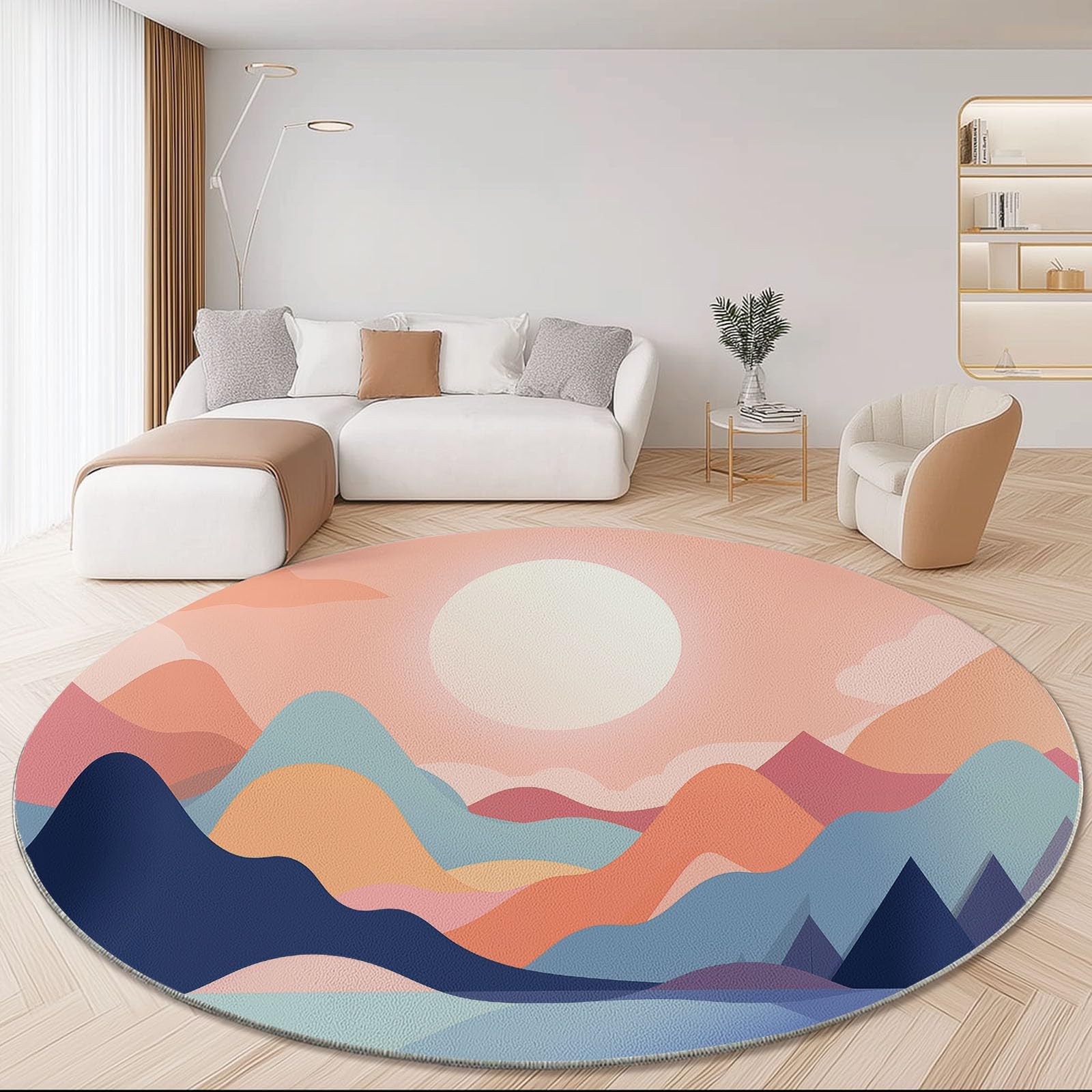Alfombra Redonda 120 cm, Estampada Simple Paisaje Natural Abstracto, Durazno Suave esponjosa de Pelo Corto con Respaldo Antideslizante, Alfombra Lavable para Sala de Estar Cocina Dormitorio