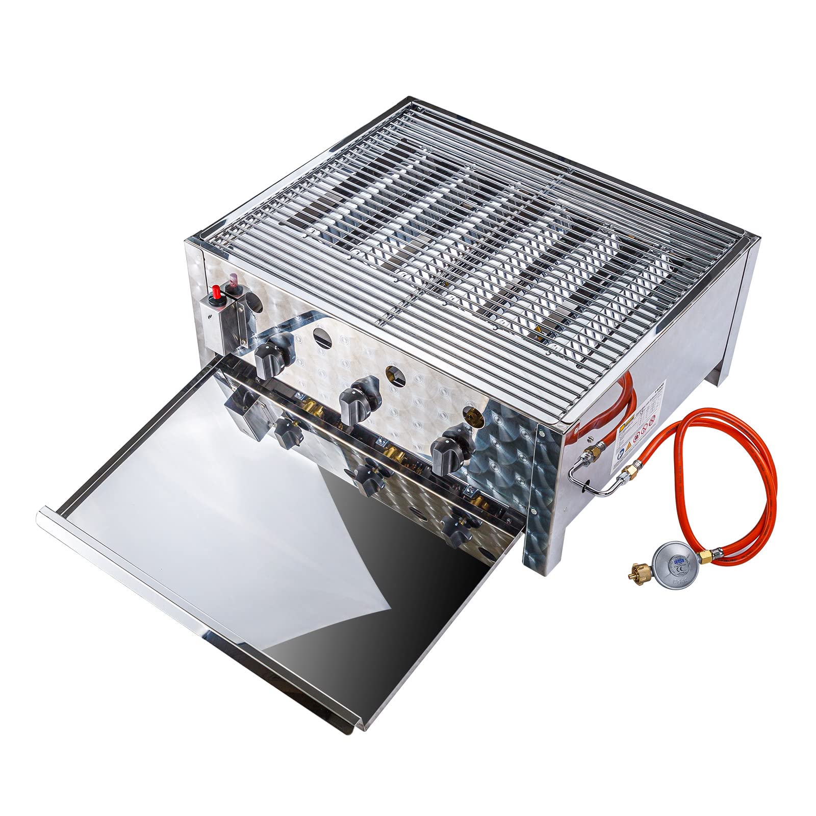 DEMA Gasbräter 3 Brenner 10kW Gasgrill Tischgrill Edelstahl | Piezozündung, Thermosicherung, Warmhalterost, Gastrogrill, Propangas, Fettwanne, Grillplatte Alternative