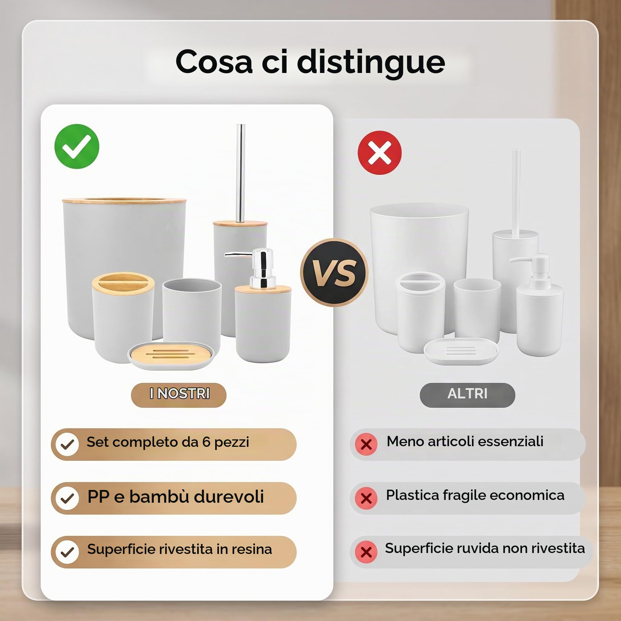Set di 6 Accessori da Bagno, Dispenser di Sapone, Portasapone, Portaspazzolino, Tazza di Risciacquo, Porta Scopino per WC, Pattumiera, Set da Bagno Completo da 6 Pezzi, in PP e bambù (Grigio)