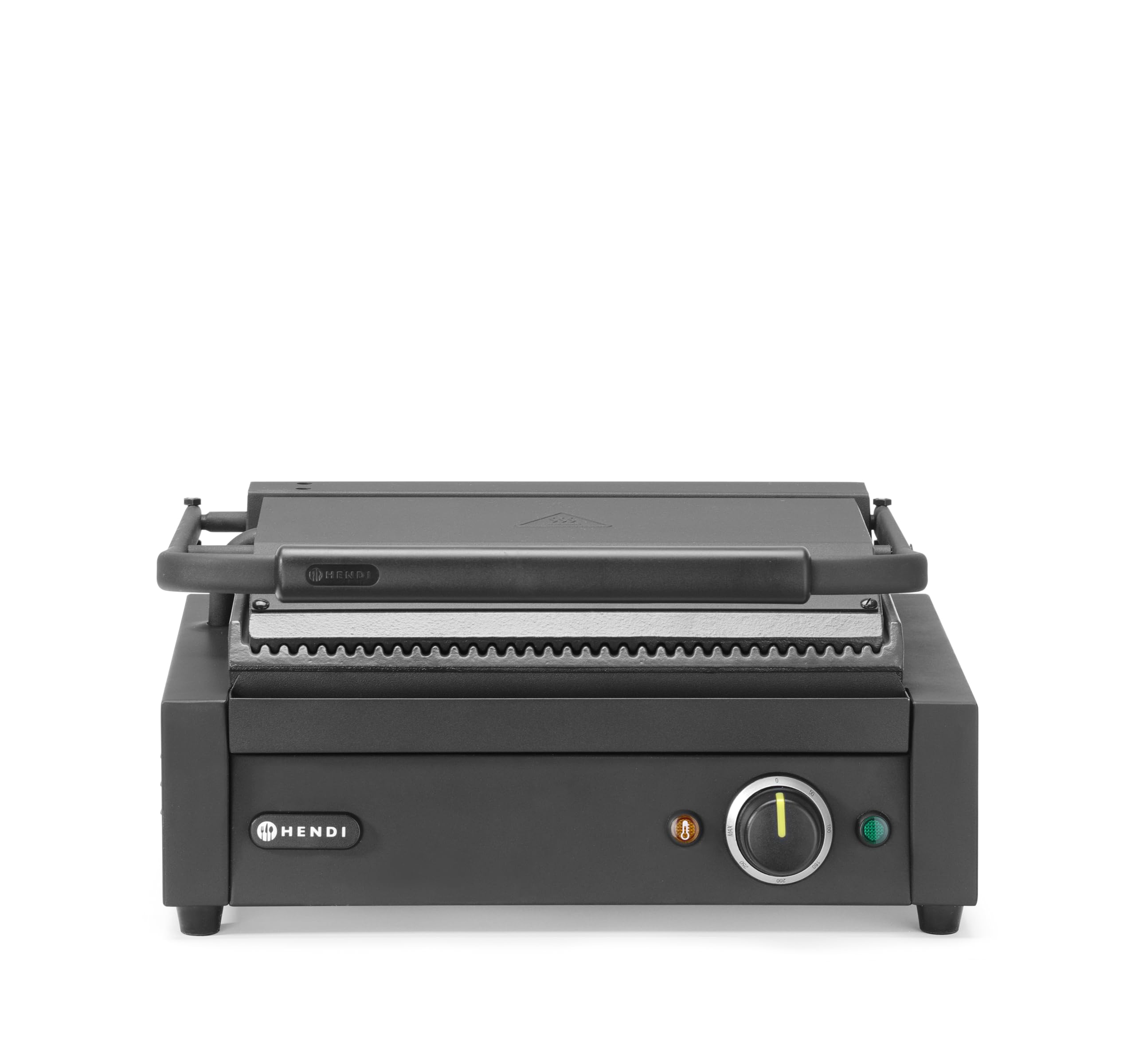 HENDI Piastra Elettrica a Contatto, Grill/Griglia Panini Professionale, Piastre Rigata in Ghisa Smaltata, 230V, 2200W, 430x375x(H)216mm, Acciaio Inox, Nero