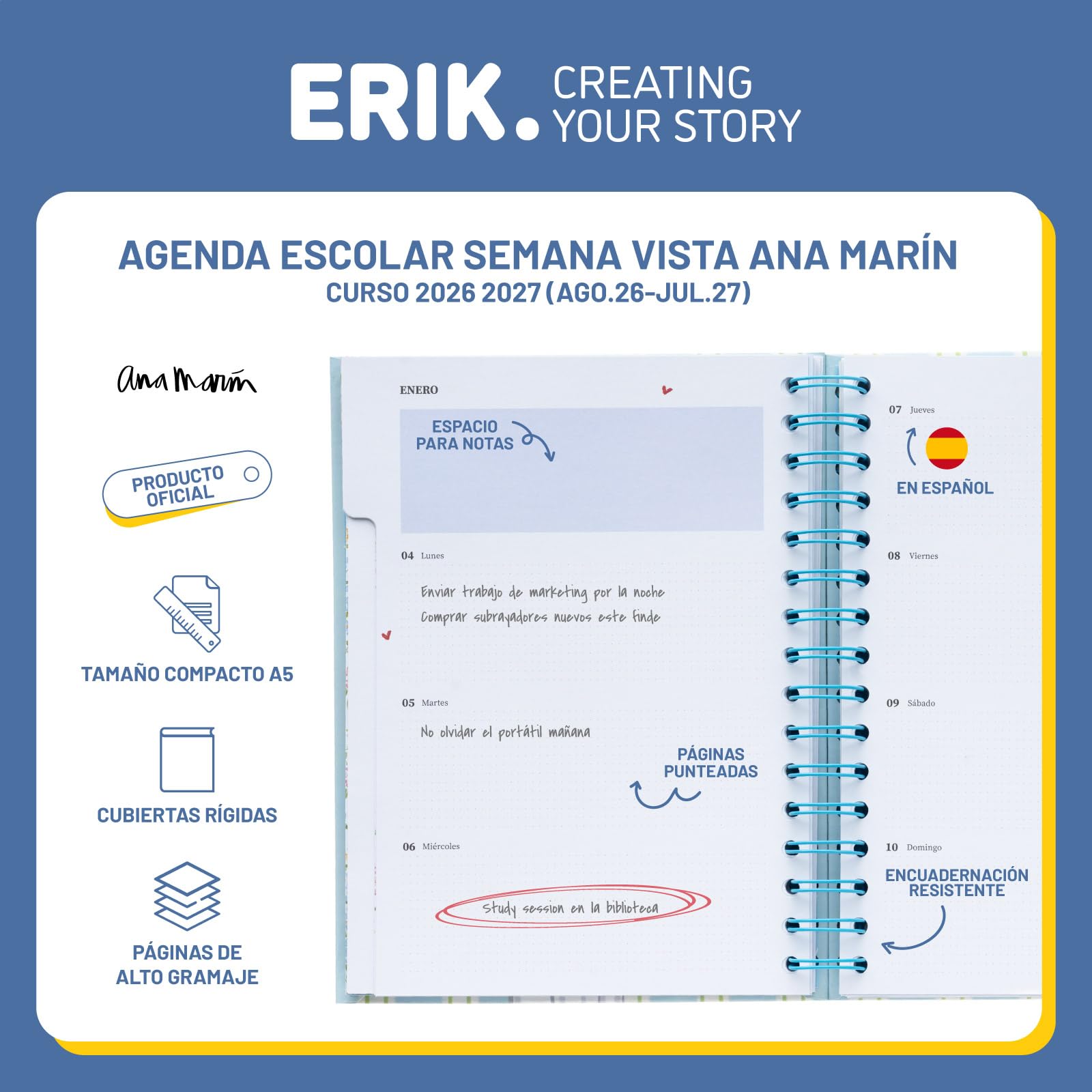 Grupo Erik Agenda escolar 2026 2027 Semana Vista Ana Marin en Español - Agenda Semana Vista A5 para niñas de Universidad e Instituto con Pestañas [Curso 26/27] Con Tapa dura, Pegatinas e Ilustraciones