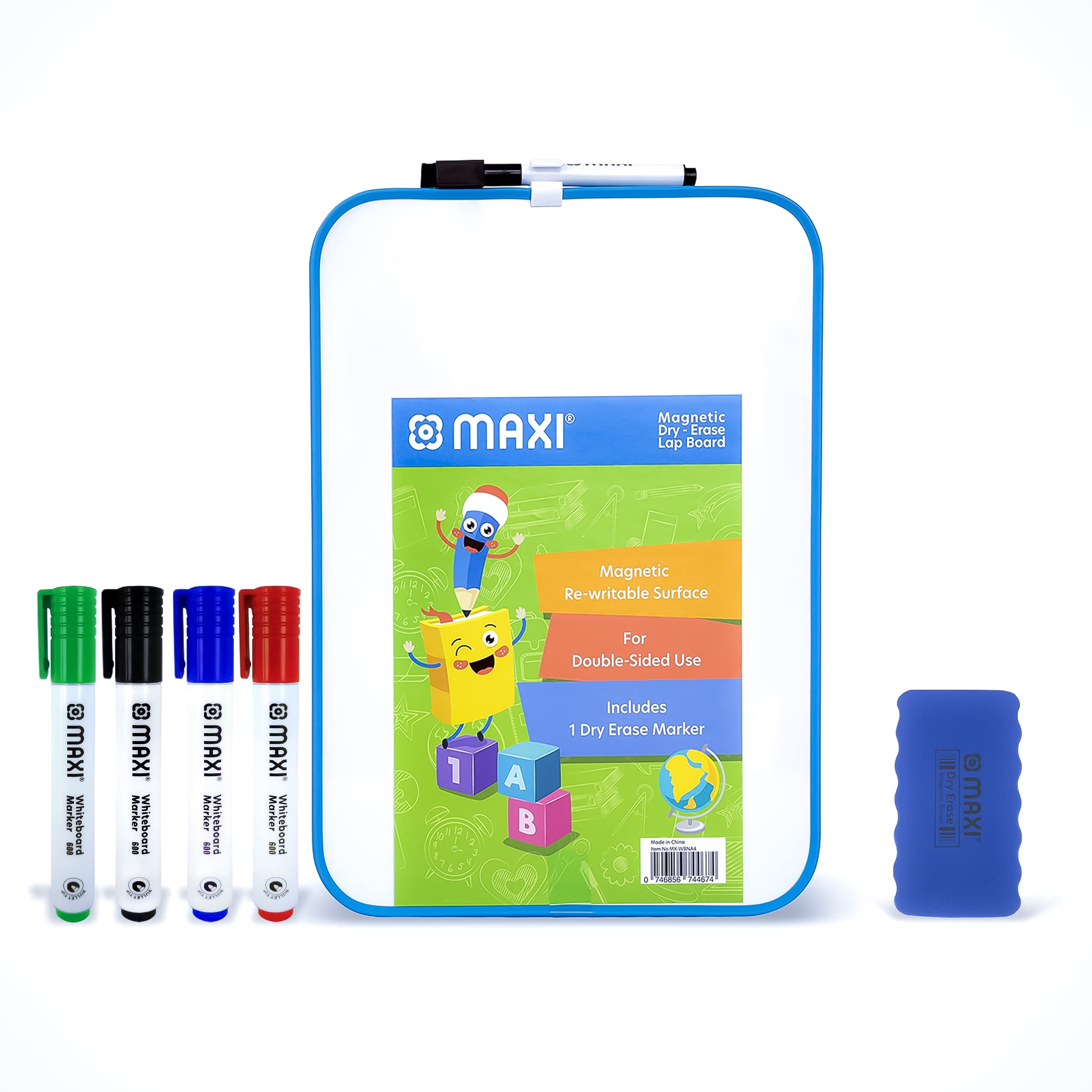 Maxi 2 Sided Dry-Wipe Whiteboard A4,Assorted Colours + 5Pc Colour Markers, Child Safe Non-Toxic Inks+ 1Pc Dry Wipe Eraser, 2021-4