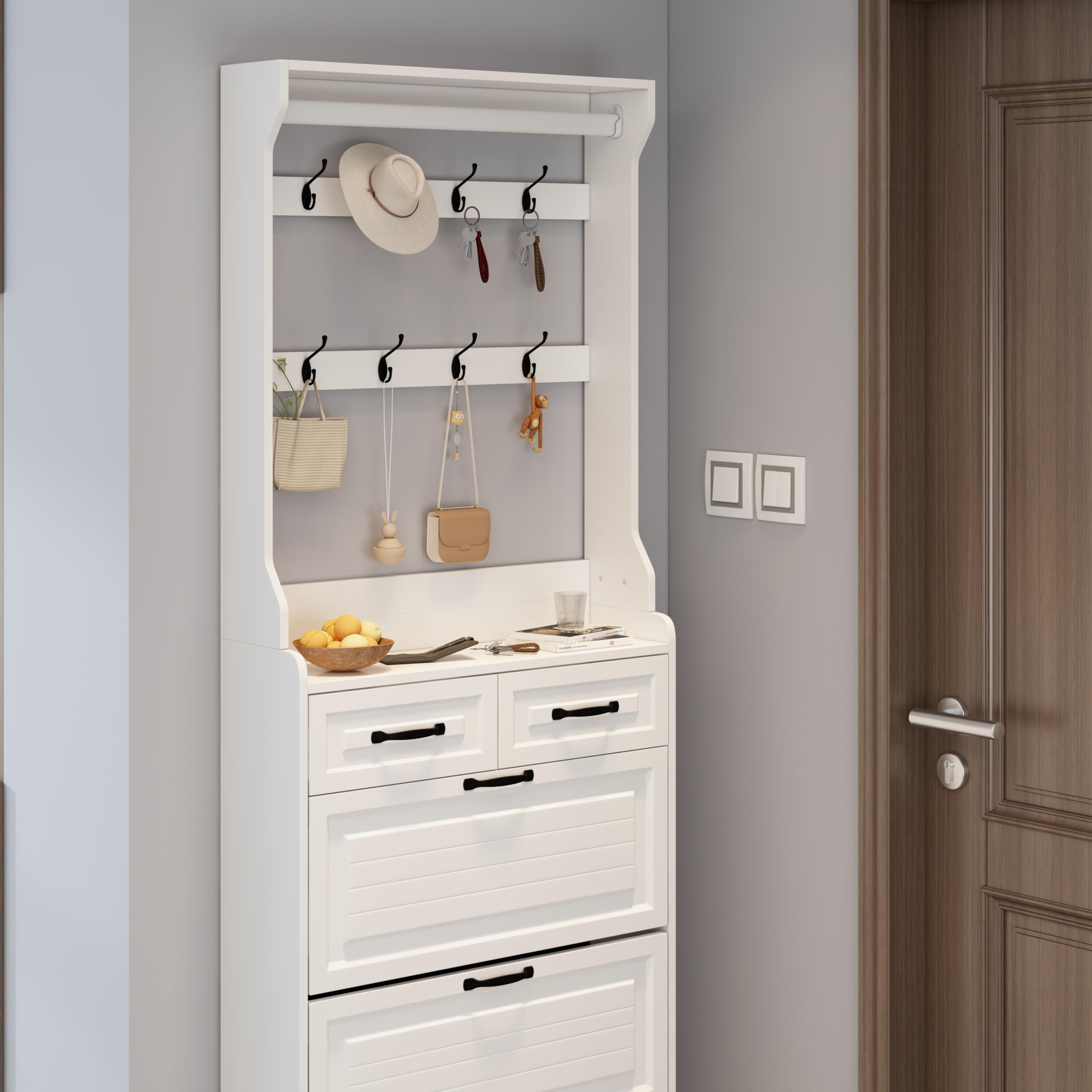 Refined White Shoe Cabinet with Hanger 3 Doors 2 Drawers