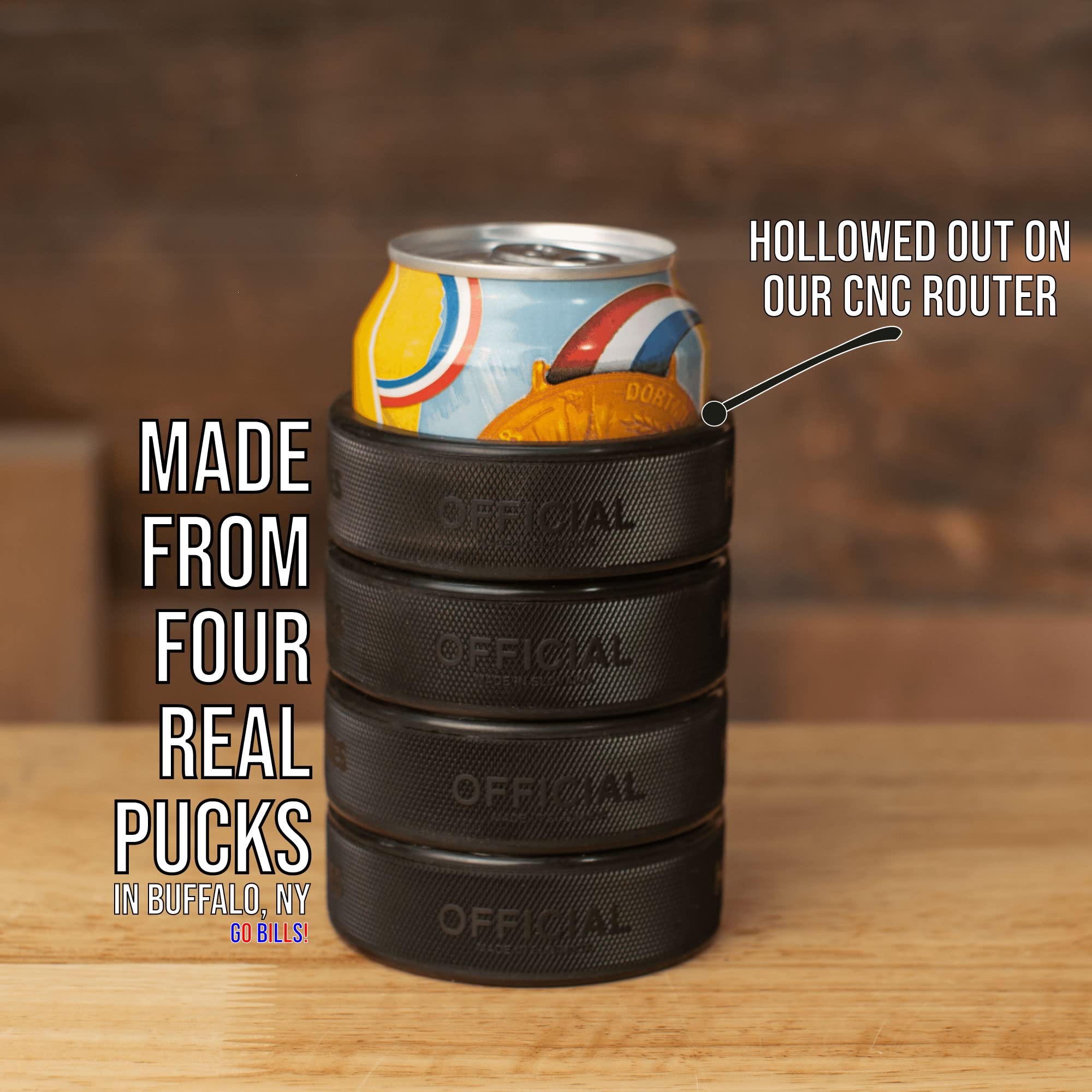 Beer Can Cooler Made from 4 Real Ice Hockey Pucks, 12oz Insulated Holder for Hockey Dad Gifts, Black (1)