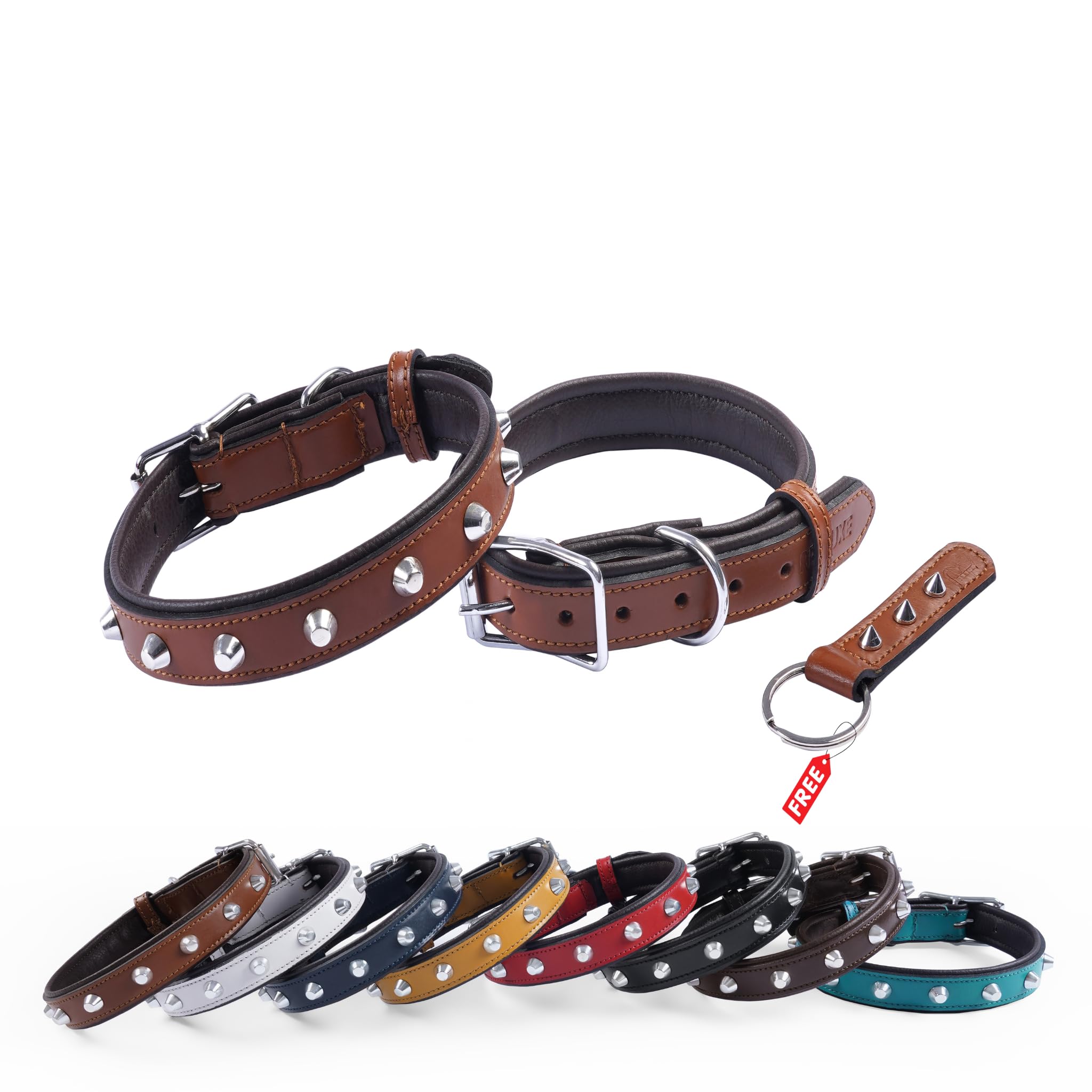 REDLUXE Genuine Leather Studded Dog Collar, Soft Padded Adjustable Pet Collar with Heavy Duty Buckle & D-Ring, Luxury Leather Collar for S, M & L Dogs, Includes Free Matching Keyring (TAN, XL)