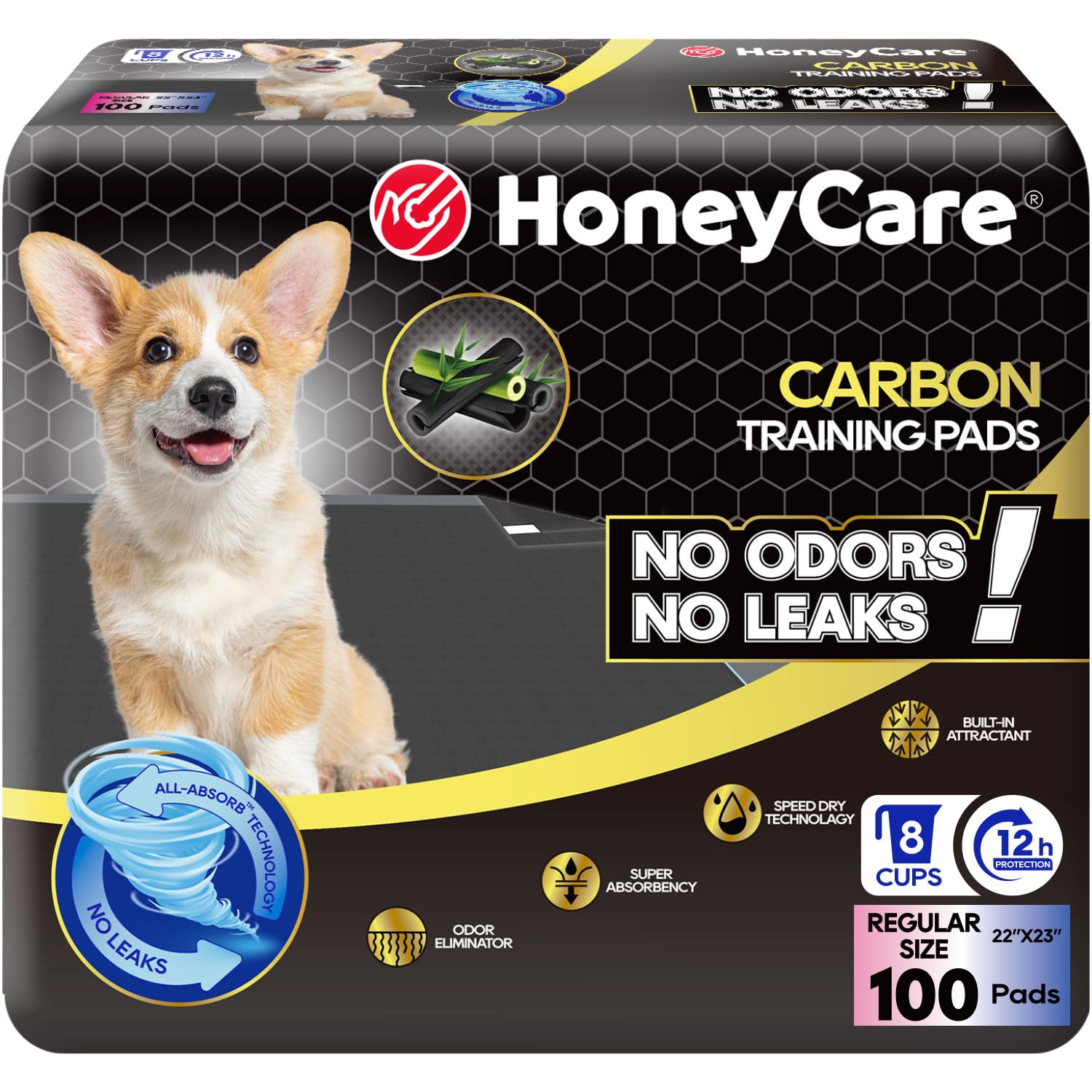 HONEY CARE All-Absorb Puppy Training Pads | Doggie Potty Pads Absorb Eliminating Urine Odor, Ultra Charcoal Dog Pee Pad (Carbon, L 22x23 inch, 100ct)