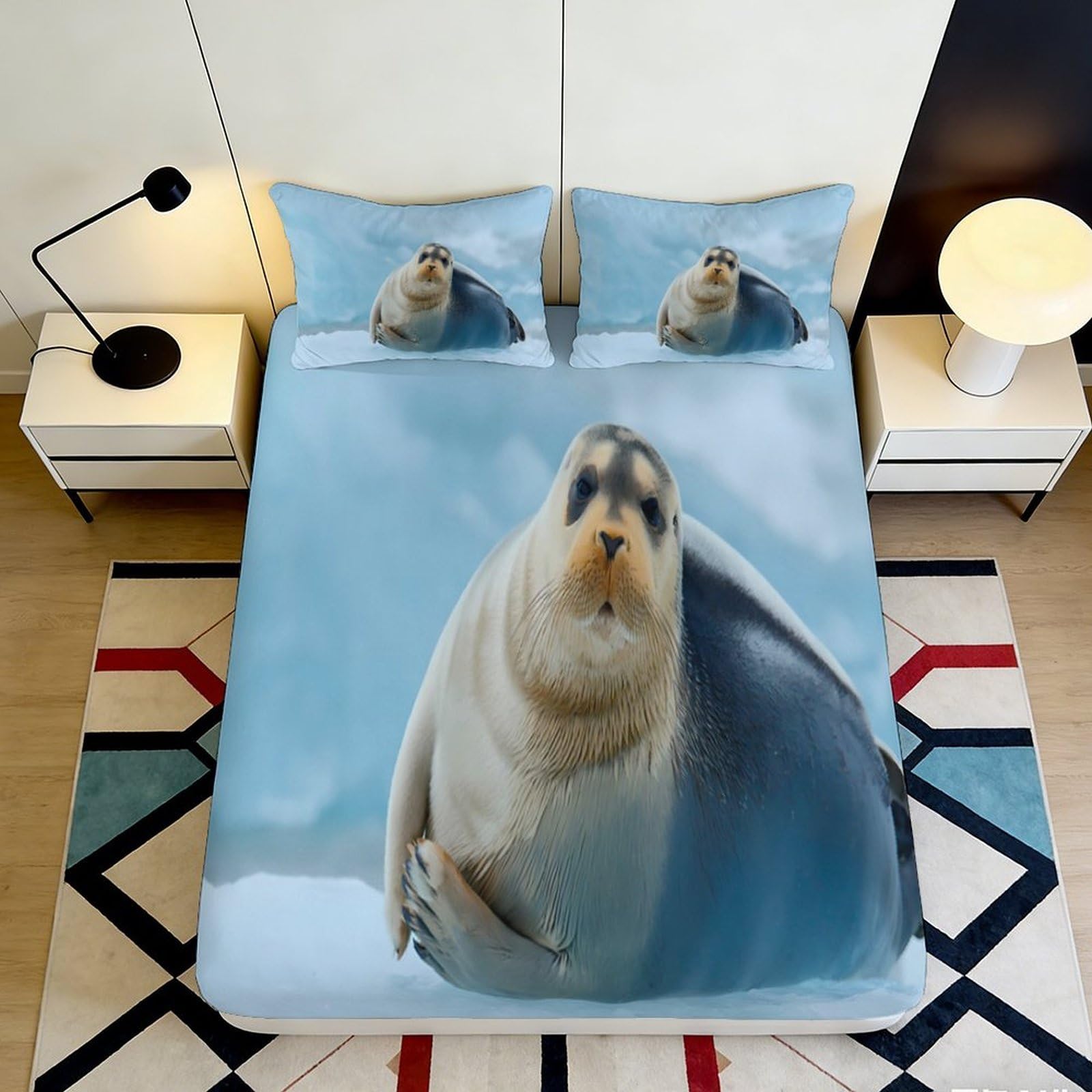 Qjzxknhpgr Style-4 3D Printed Funny Seal Fitted Sheet Microfiber Soft Blue Cartoon Animal Mattress Cover Bedroom Dorm Decor 90X200x25cm