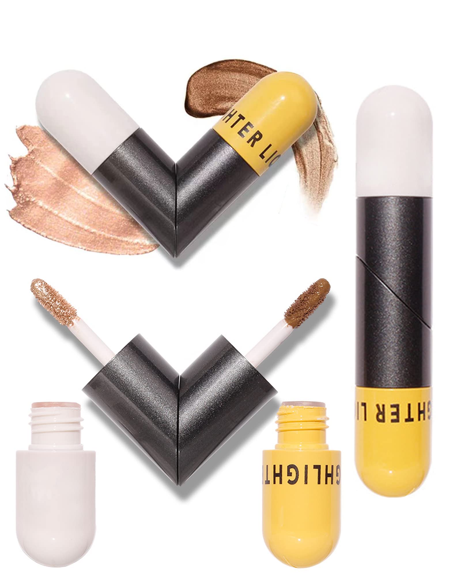 Face Body Dazzling Liquid Highlighter, 2 in 1 Makeup Luminizer, Radiance All In One Makeup, Waterproof Moisturizing Shimmer Bronzer Glow Illuminator for Face & Body - 04 Champagne Gold + Warm Brown