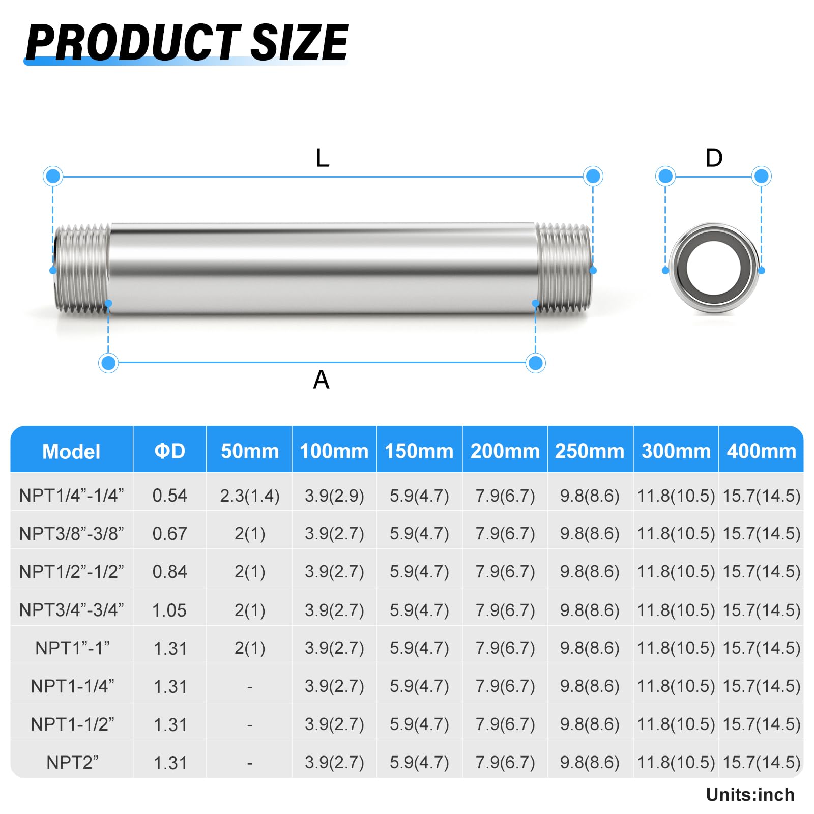 TAILONZ PNEUMATIC Boquilla de tubo de acero inoxidable 304 NPT macho de 3/4 pulgadas NPT macho de 3/4 pulgadas, accesorio de tubería fundido de 16 pulgadas de longitud, conector roscado (paquete de 3)
