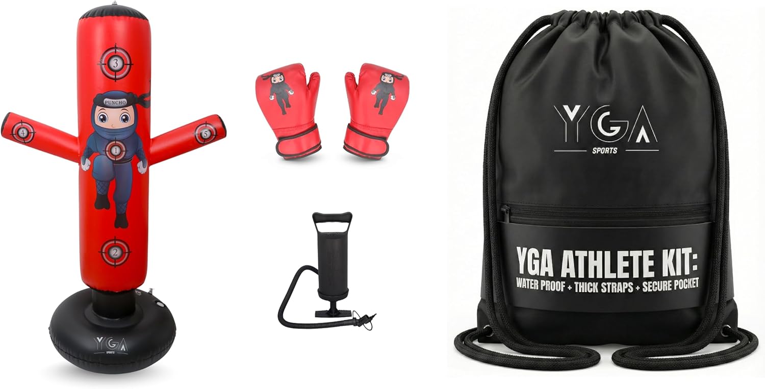 PUNCHO Kids Punching Bag + Drawstring Bag Bundle - 63" Inflatable Boxing Bag with Gloves, Pump & eBook + Heavy-Duty 420D Waterproof Gym Sack Fits Ball or Gear for Active Boys & Girls