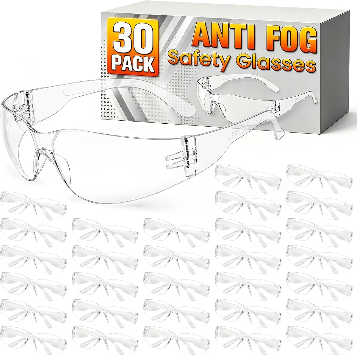30 Pack Anti-Fog Safety Glasses for Men & Women, Scratch & Impact Resistant | ANSI Z87.1 Certified Clear Protective Eyewear, Lightweight, for Construction, Lab, Manufacturing