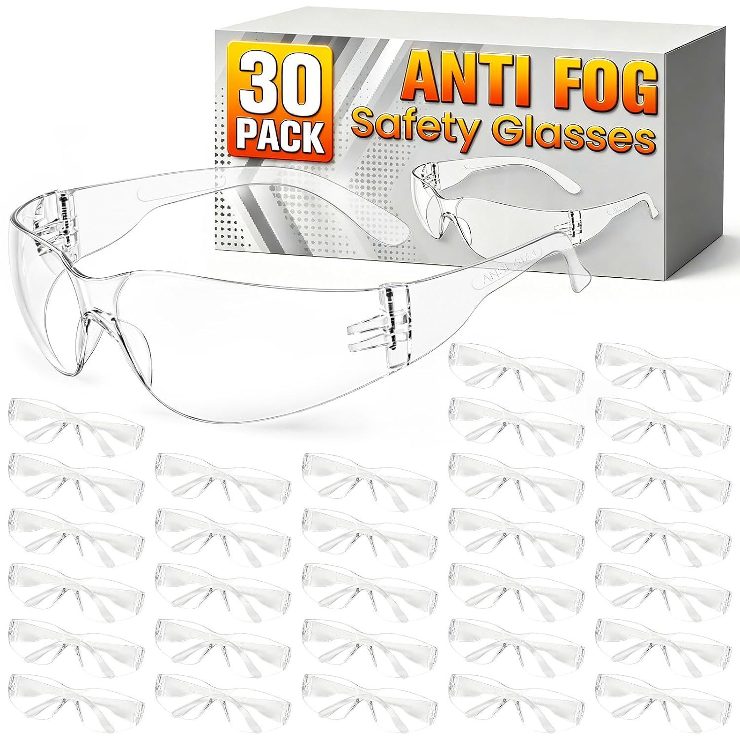 30 Pack Anti-Fog Safety Glasses for Men & Women, Scratch & Impact Resistant | ANSI Z87.1 Certified Clear Protective Eyewear, Lightweight, for Construction, Lab, Manufacturing