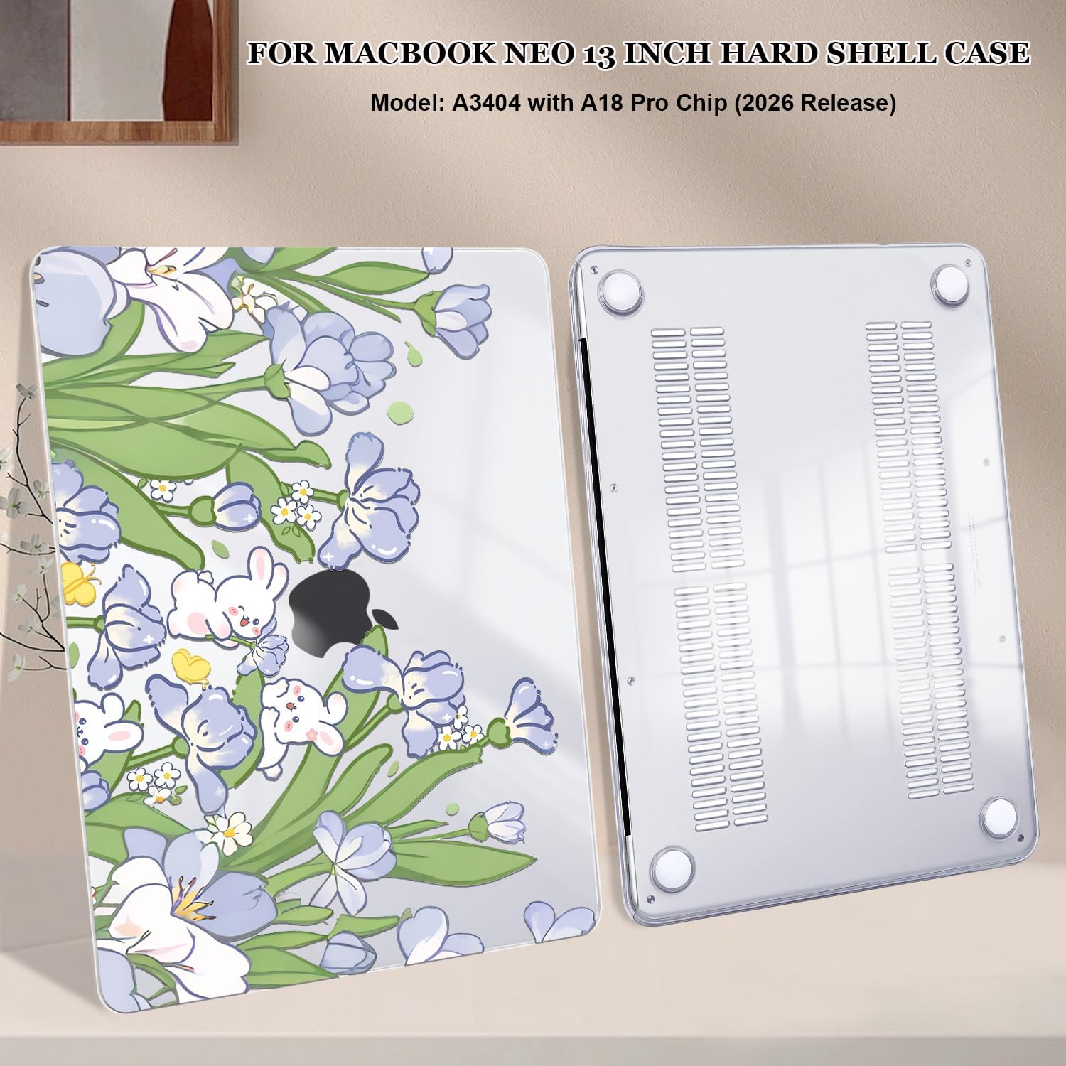 for MacBook Neo 13 inch Case 2026 A3404 Cover, Ultra-Thin Printed Pattern Plastic Hard Shell Case Anti-Scratch Protective Case for MacBook Neo 13 with Apple A18 Pro Chip, Cute Rabbits