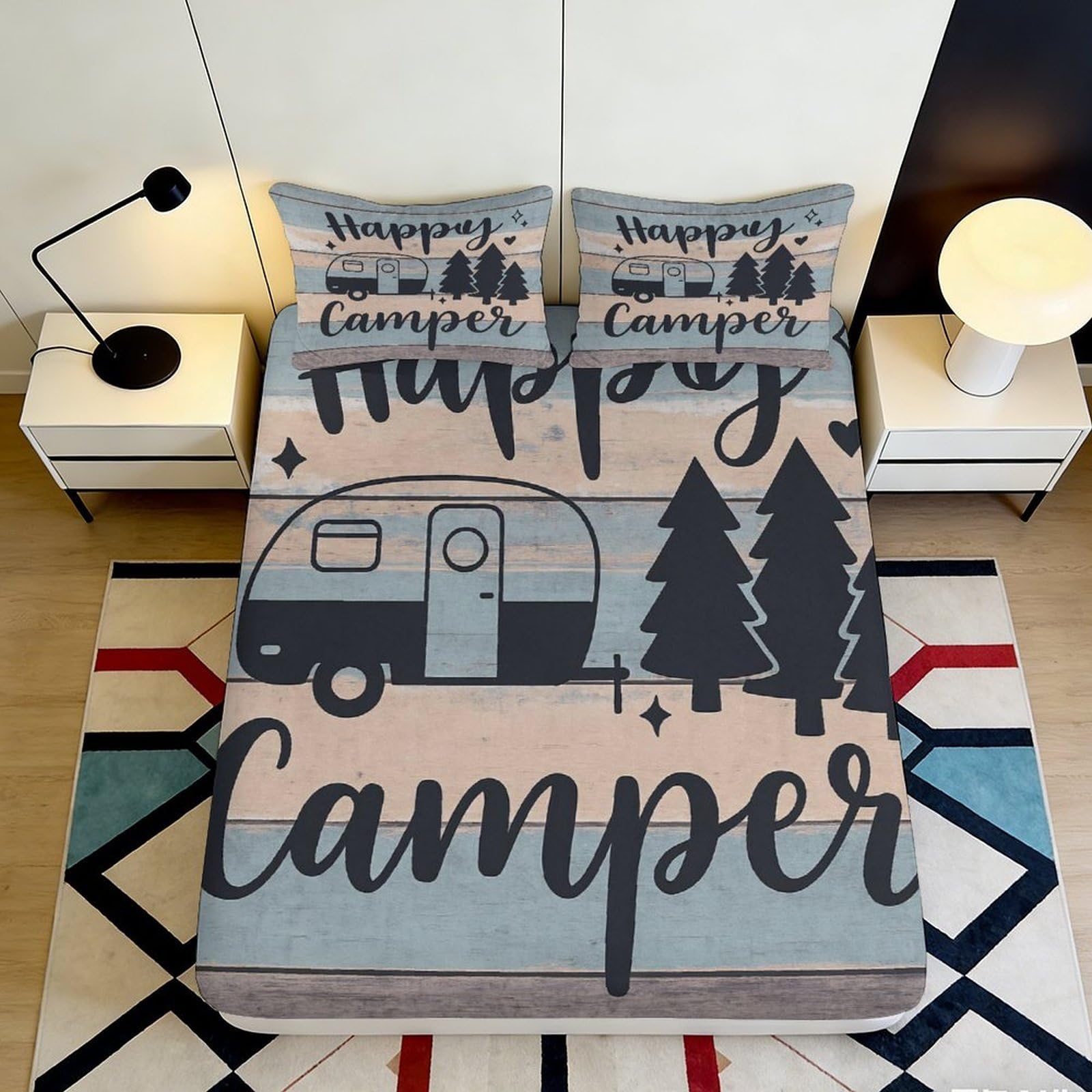 3D Printed Happy Camper Forest Fitted Sheet Microfiber Soft Breathable Caravan Bed Cover for Bedroom Guest Room Decor 90x200x25cm