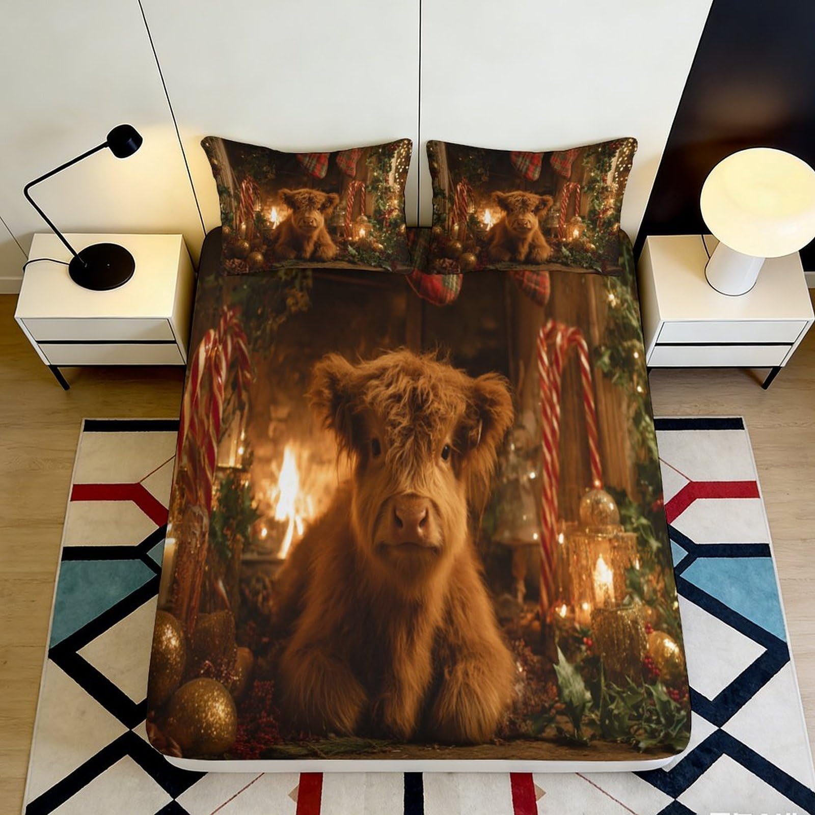 3D Printed Highland Cow Christmas Fitted Sheet Microfiber Soft Anti-Slip Bed Cover for Bedroom Guest Room Decor 120x200cm 120x200x25cm