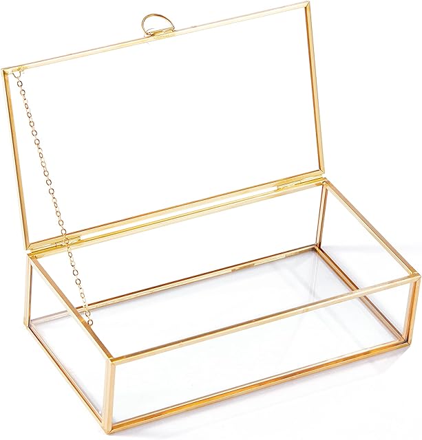 HCENJOC Golden Vintage Glass Lidded Box Edge Bracelet Keepsake Decorative Jewelry Display Home Decor (8x4.5x2 in)